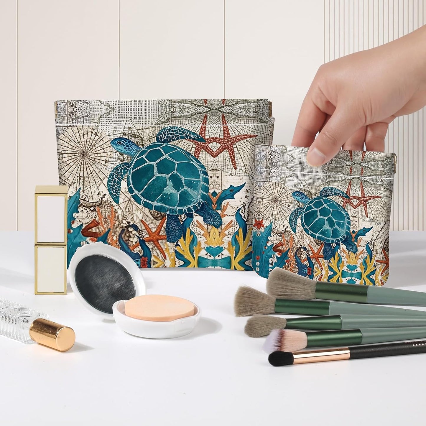 Makeup Bag Set - 2 PCS PU Leather Cosmetic Organizer | Portable Self-Closing Pouch for Women - Sea Turtle Design