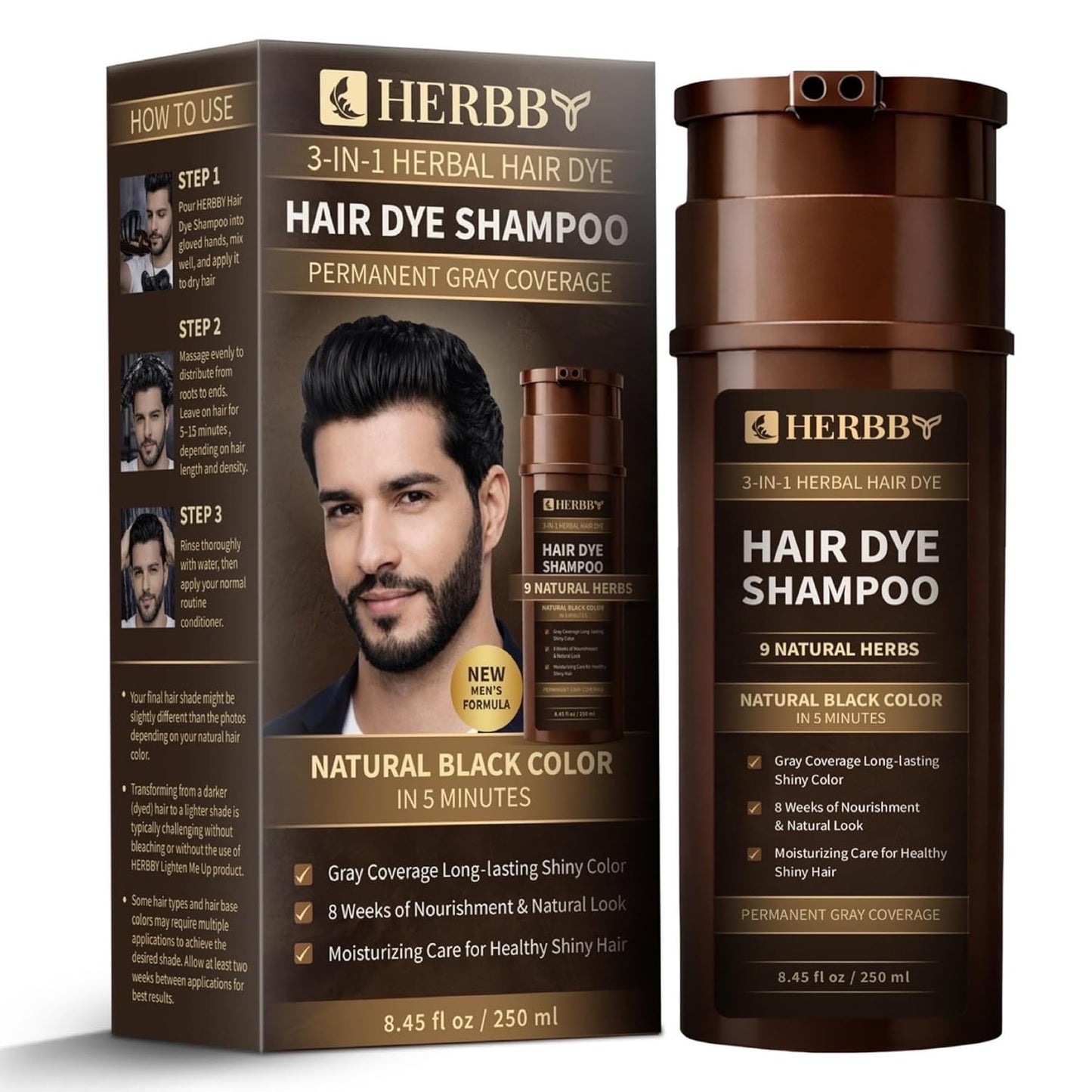 HERBBY Hair Color Shampoo for Gray Coverage | 9 Herbal Extracts for Shiny, Even Color - 250 ml (Blonde Brown)