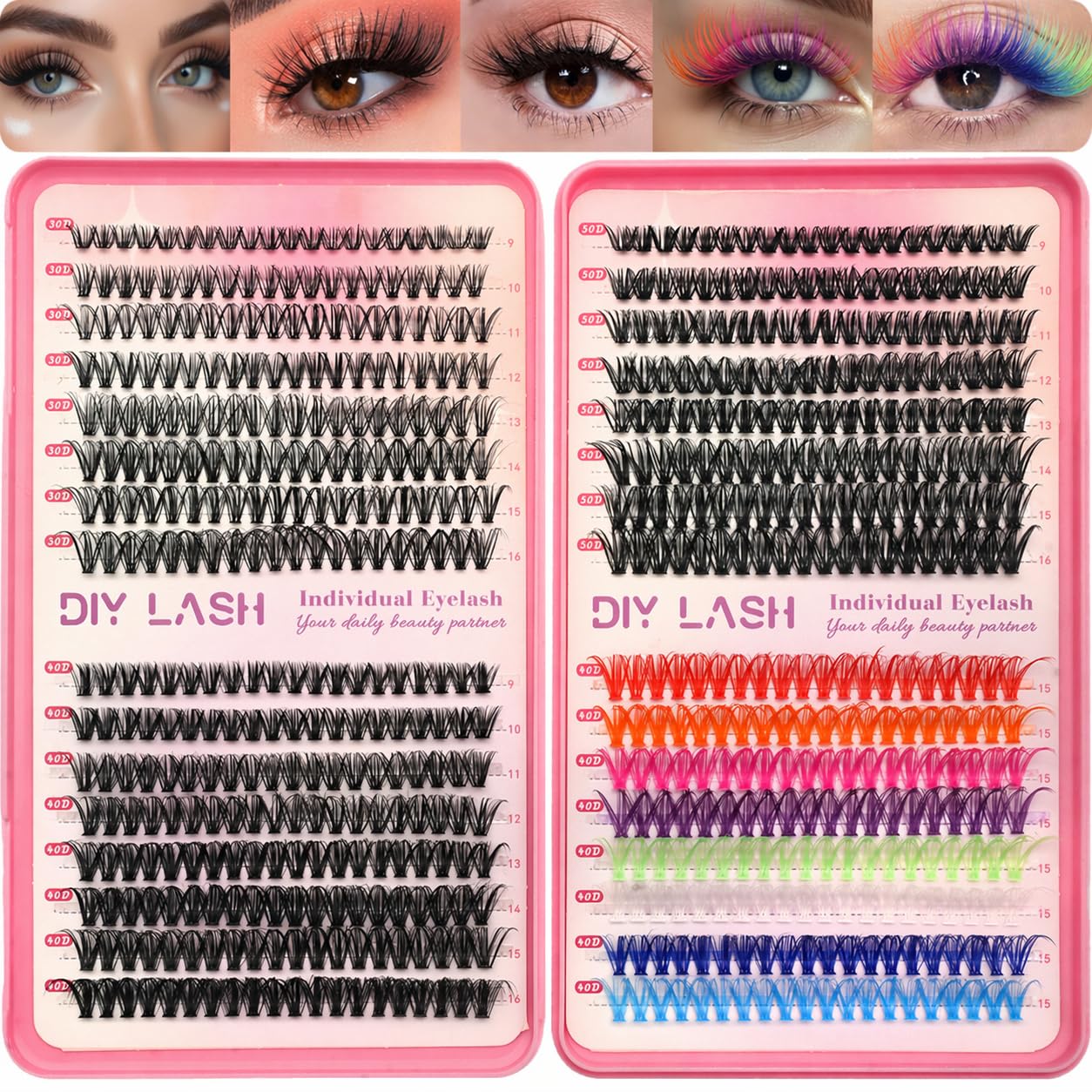 Lash Clusters Kit - 640 Pcs Fluffy Wispy Individual Eyelashes 9-16mm D Curl | Thin Band with Tweezers & Bond Seal