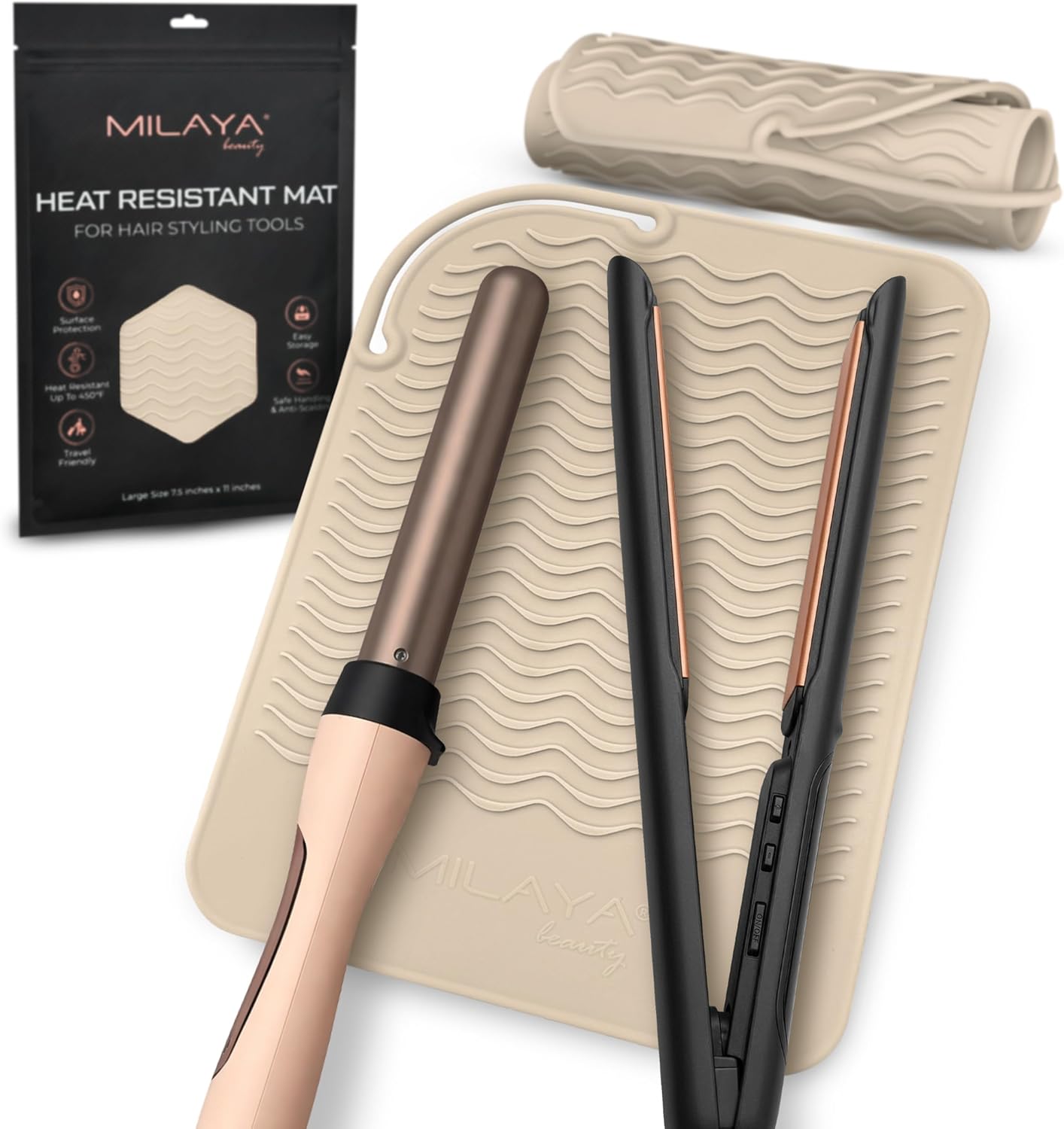 Milaya Beauty Large Heat Resistant Mat - Silicone Curling Iron & Flat Iron Holder | Non-Slip Vanity Accessory for Home & Travel