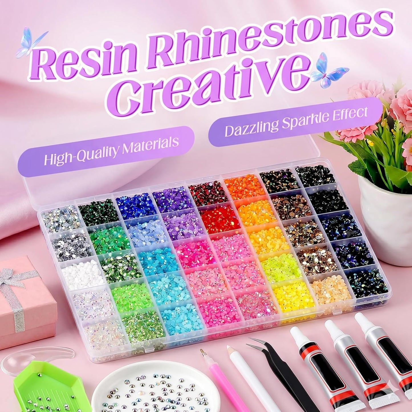 Bedazzling Rhinestones Kit - 33,000 Pcs 3mm Flatback Gems with Glue, Tweezers & Sorting Tray for Nail Art & Crafting