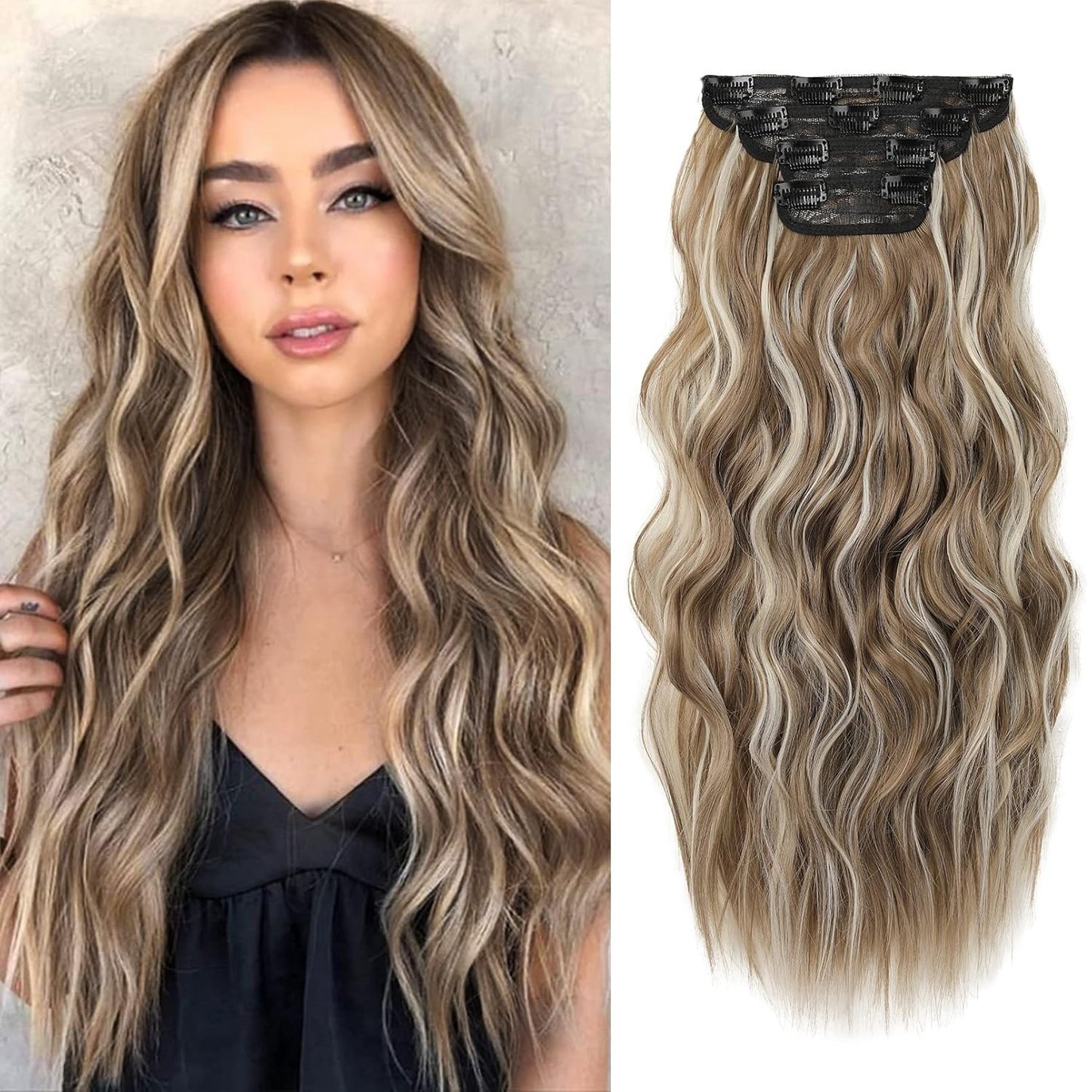 Clip-In Hair Extensions - 4PCS Natural Soft Synthetic Hairpieces for Women | Chocolate Brown