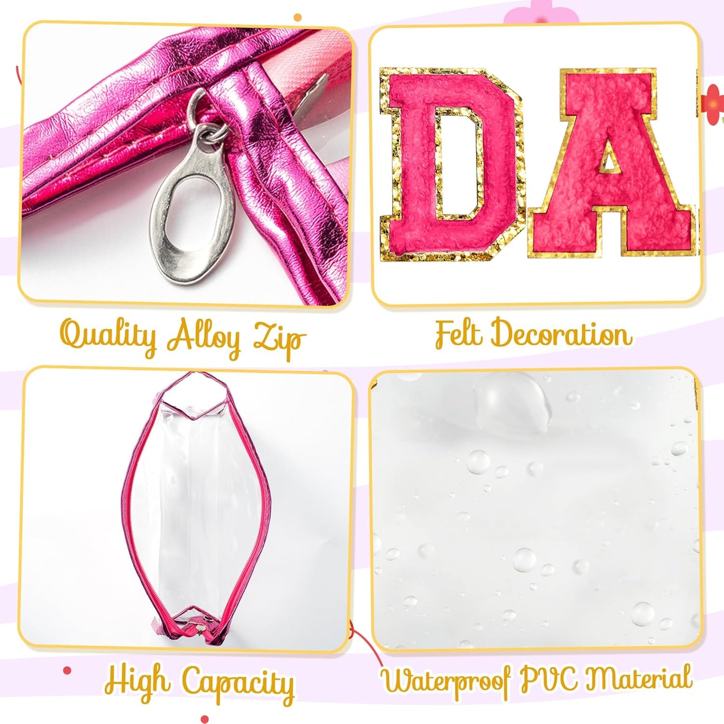 Clear Makeup Bag - Preppy Hot Pink Dance Chenille Patch | Extra Large Waterproof Toiletry Organizer for Women