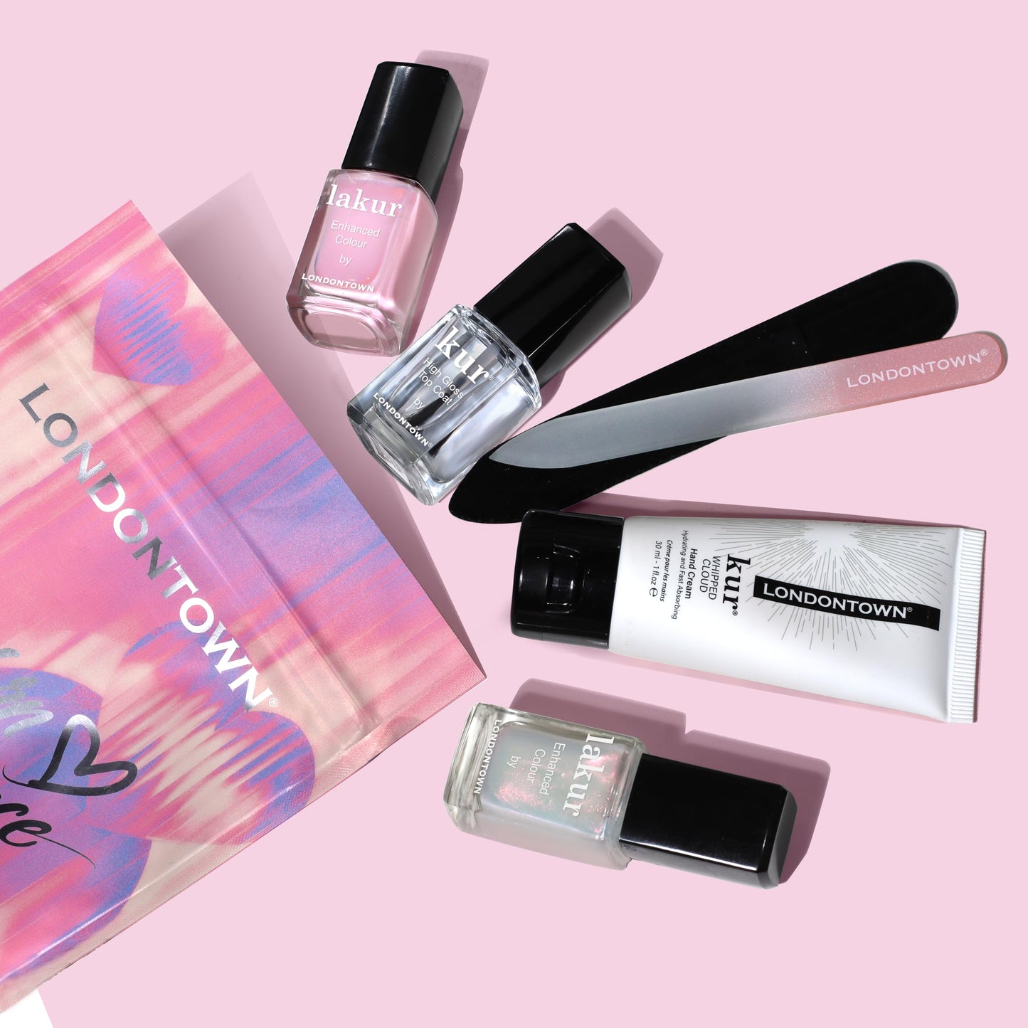LONDONTOWN Modern Chromance Valentine’s Day Nail Gift Set – All-in-One Manicure Set with Sheer Pink Color, Chrome Finish, High-Gloss Top Coat & Glass Nail File, Valentine’s Day Gift, Vday Nails