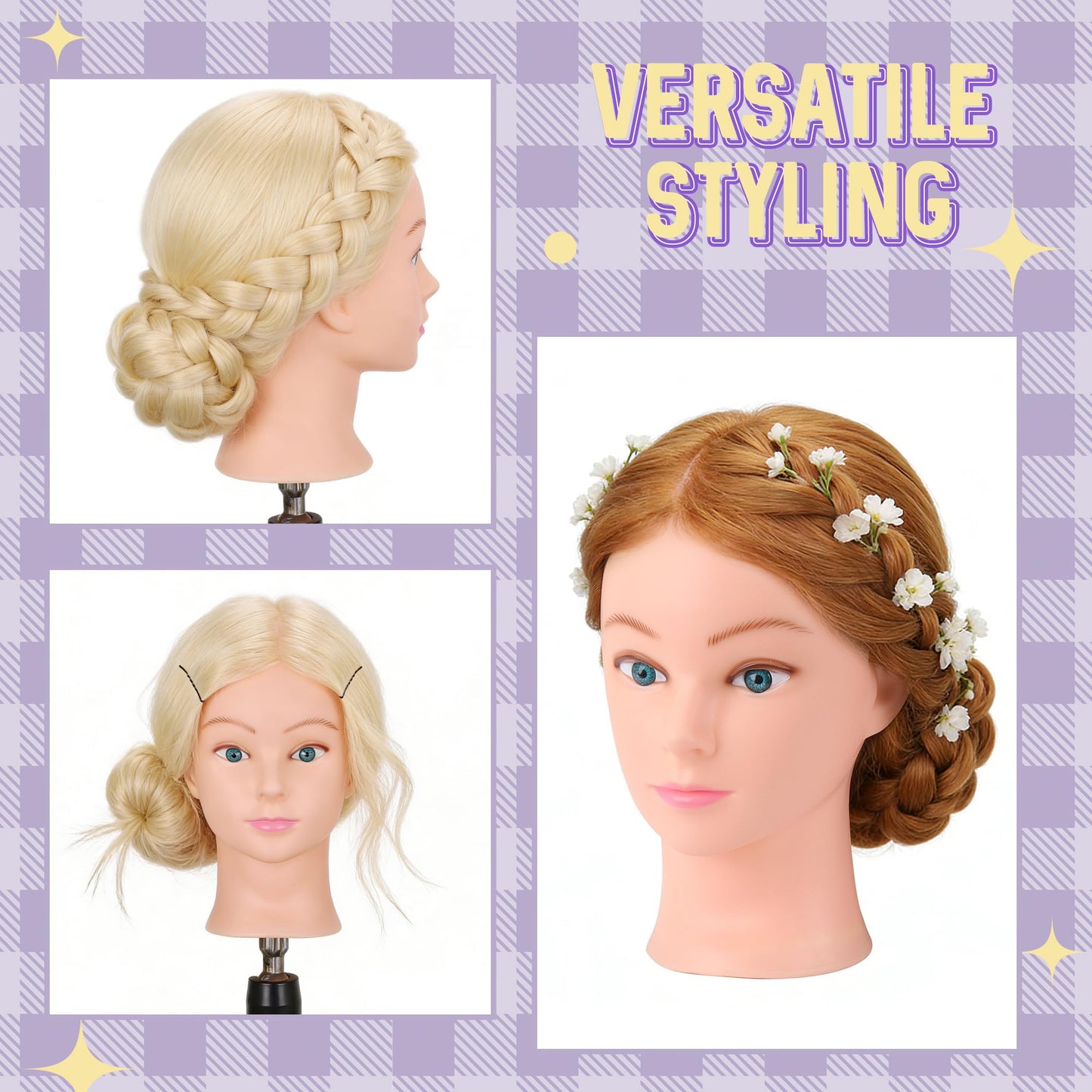 Mannequin Head with 80% Real Hair for Cosmetology, 26-28" Light Brown Hairdresser Training Head with Clamp Holder and Tool (Blonde)