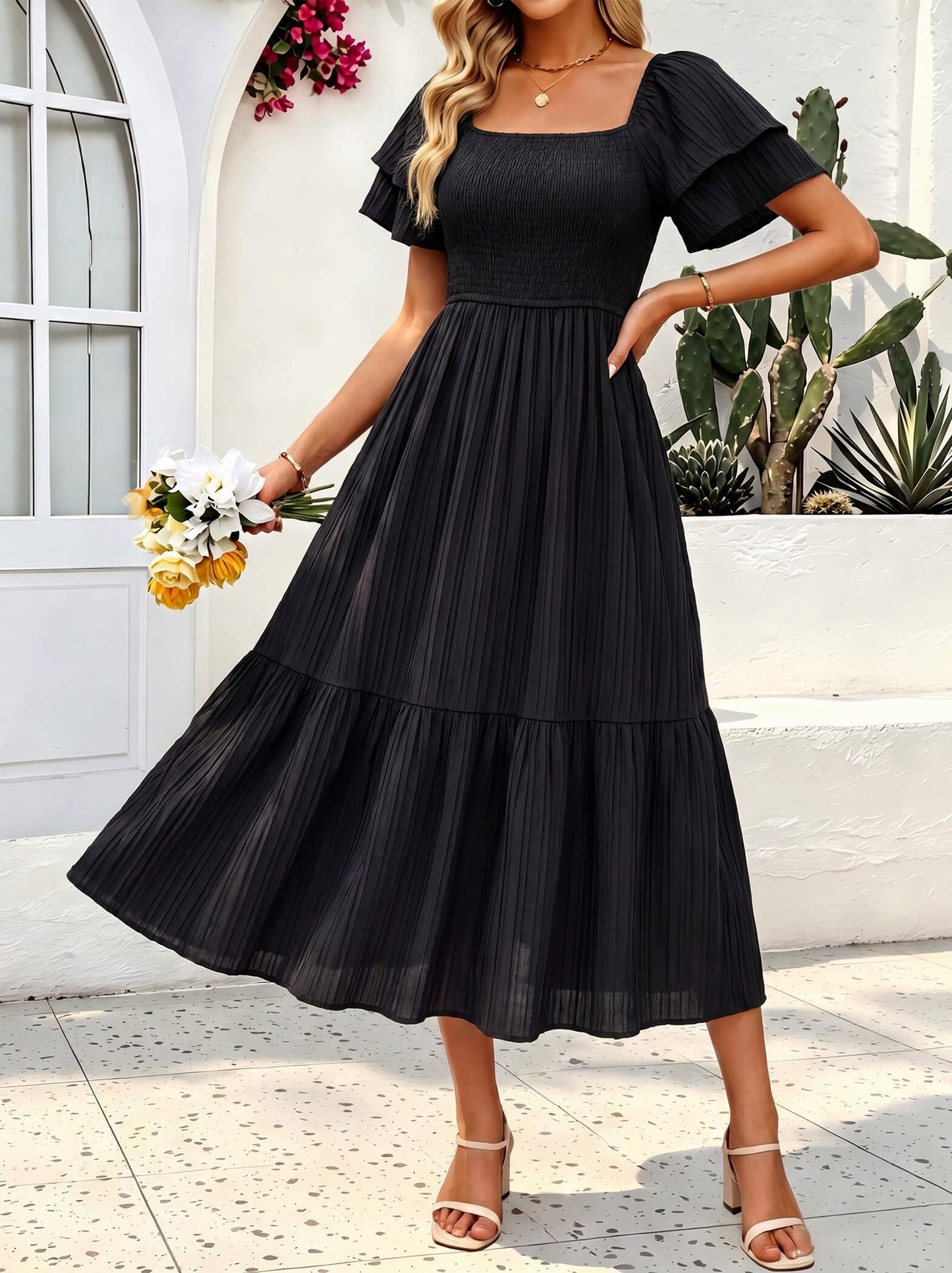OLICE Women's Summer Midi Dress Short Sleeve Square Neck Off Shoulder Ruffle Elastic High Waist Vacation Dress with Pockets