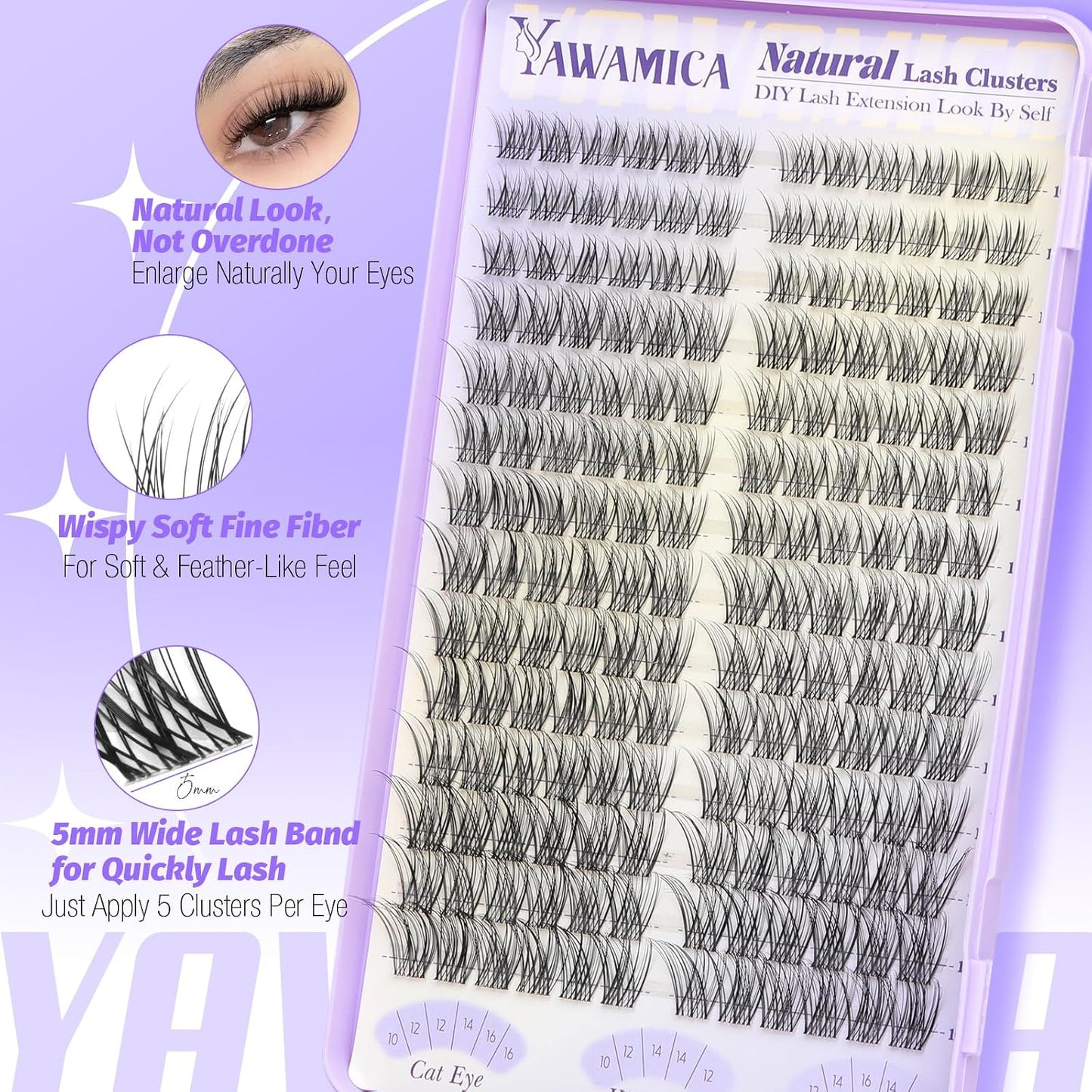 Natural Lash Clusters - Wispy Eyelash Extensions with Invisible Band | C Curl, 10-16mm, Easy DIY Application