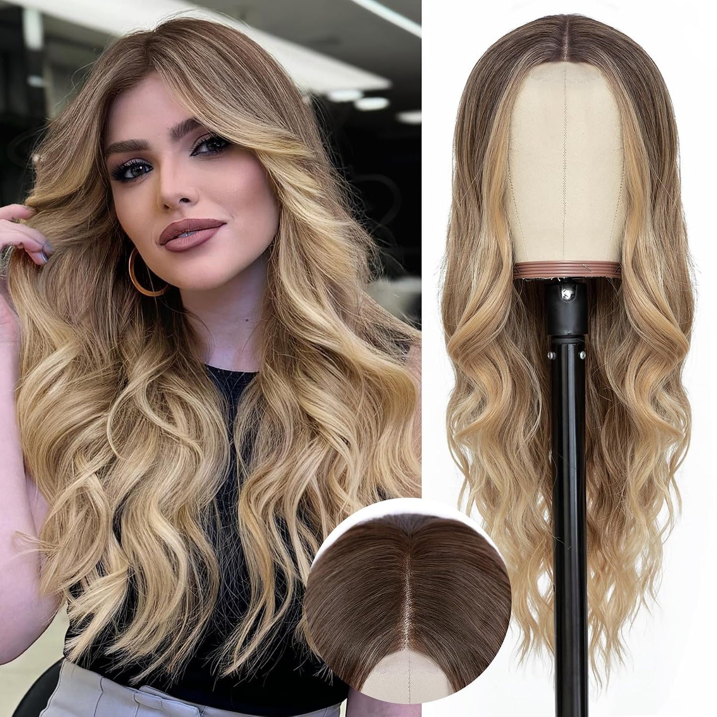 NAYOO Brown Wigs for Women - Long Curly Wavy Hair | Heat Resistant Synthetic Fiber, 24 Inches