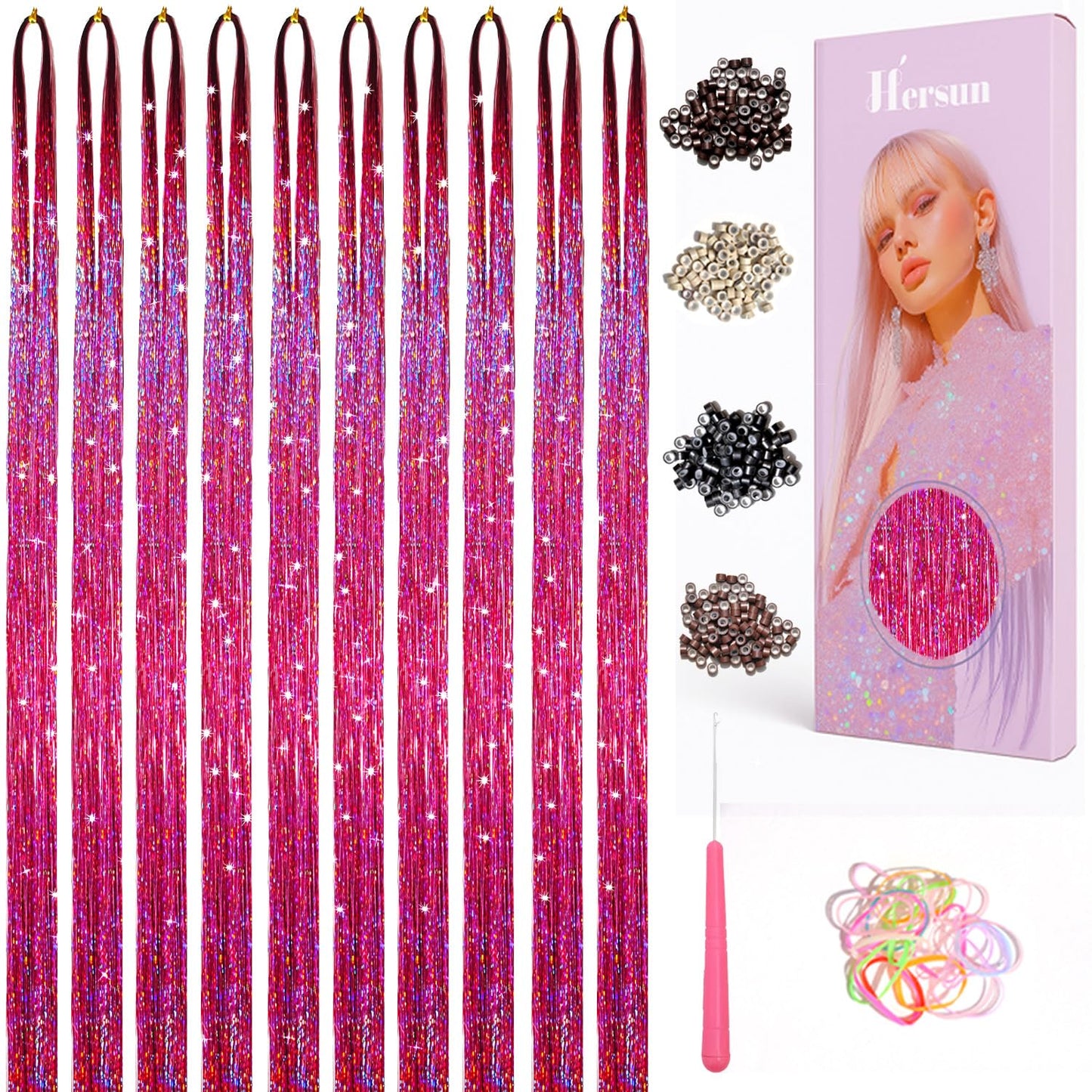 Hersun Hair Tinsel Kit - 10 Colors, 3200 Strands, 48in | Heat-Resistant Fairy Hair Extensions for Parties & Festivals