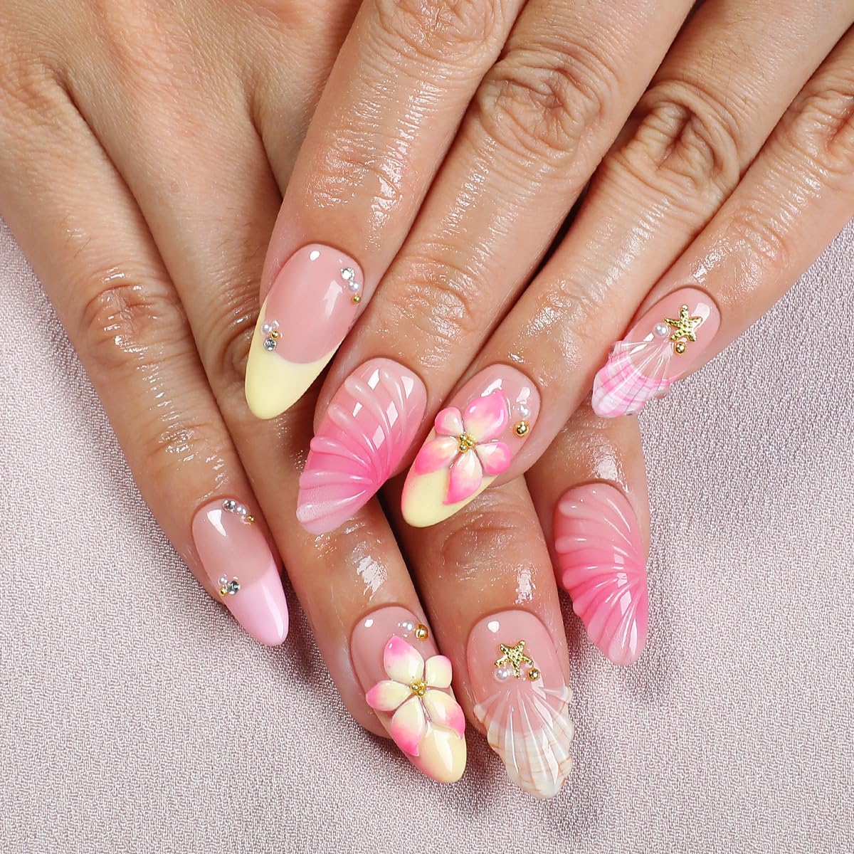 Medium Almond French Tip Press-On Nails - 3D Hibiscus & Gold Starfish Design | 24 Pcs Glossy Summer Acrylics