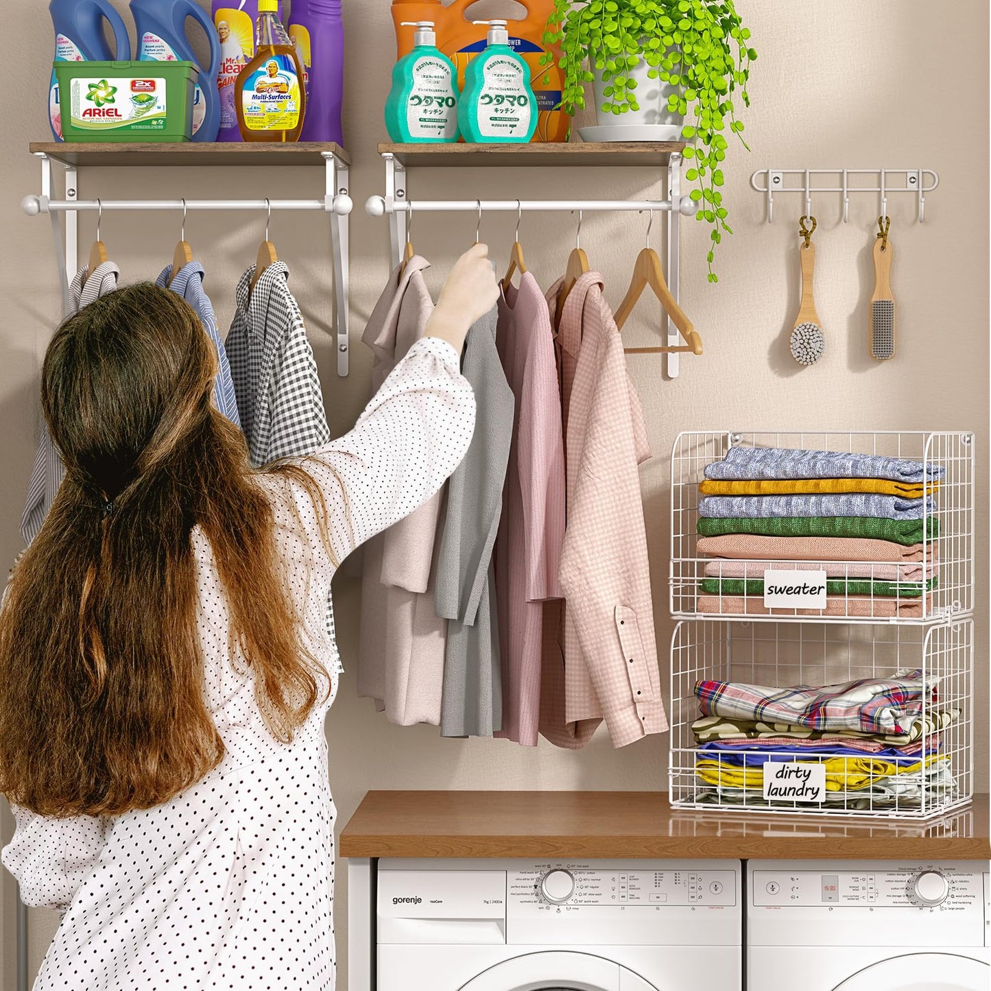DAOUTIME 2 Set Laundry Room Wall Mounted Shelves With Wire Storage Baskets, Over Washer and Dryer With Hanging Rods and Hooks, for Organization and Storage, White, Wooden