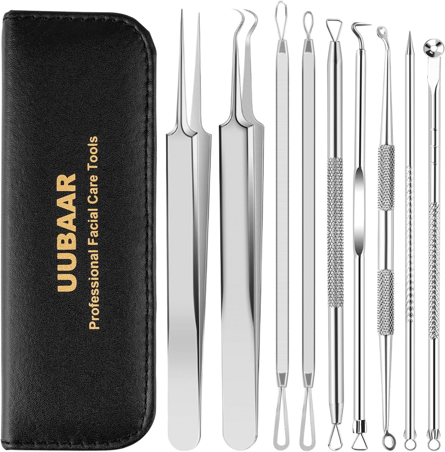 UUBAAR Blackhead Remover Tools Kit - 9PCS Stainless Steel Acne Extractors & Tweezers | Precision Face & Nose Care Set