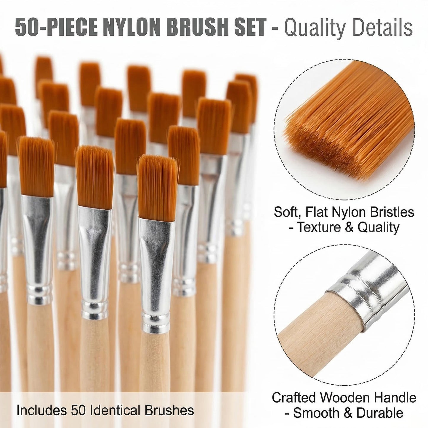 Nylon Paint Brush Set 50pcs, Short Wood Handle Art Brushes for Gouache, Soft Flat Paint Brushes for Wall Art and Craft Projects, Portable Brush Kit for Painting and Keyboard Cleaning