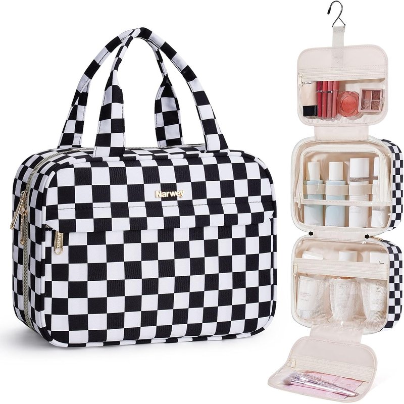 Hanging Toiletry Bag for Women - Checkered Travel Makeup Organizer | Black Checkerboard, Medium Size