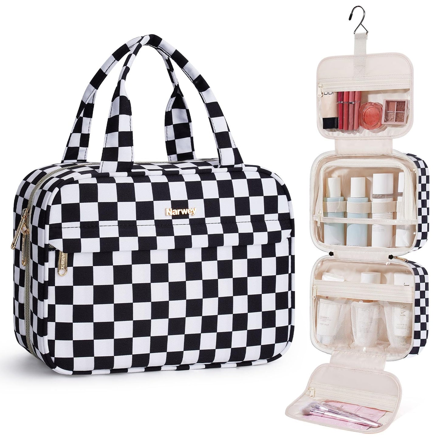 Narwey Hanging Toiletry Bag for Women Checkered Travel Makeup Bag Organizer Cosmetic Make up Toiletries Bag for Travel Essentials Accessories (Black Checkerboard, Medium)