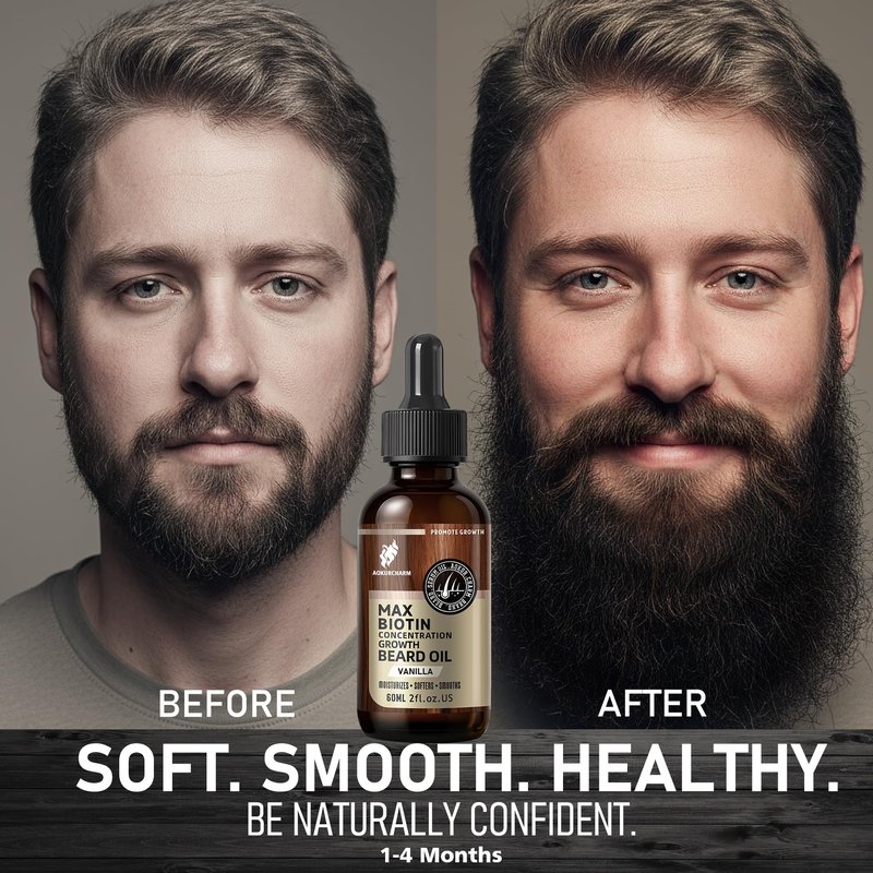 aokur Biotin Beard Growth Oil for Men - Vitamin B5 & Castor Oil Formula, Promote Thicker Fuller Beard, Daily Care, Styling & Taming, Hydrating, Lightweight Non-Greasy, Vanilla 2oz Gift for Him