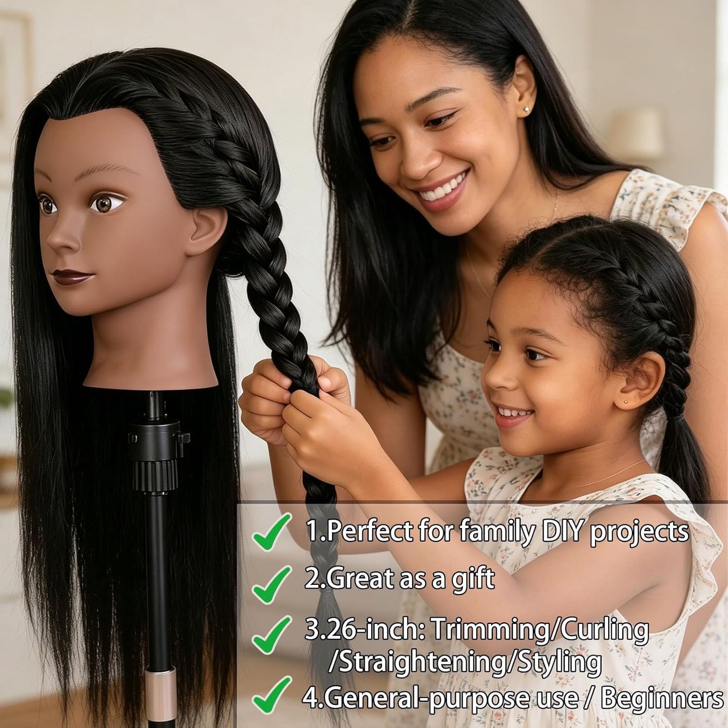 26'' Black Human Hair Mannequin Head for Cosmetology | Styling Doll with Clamp Holder & Tools Set