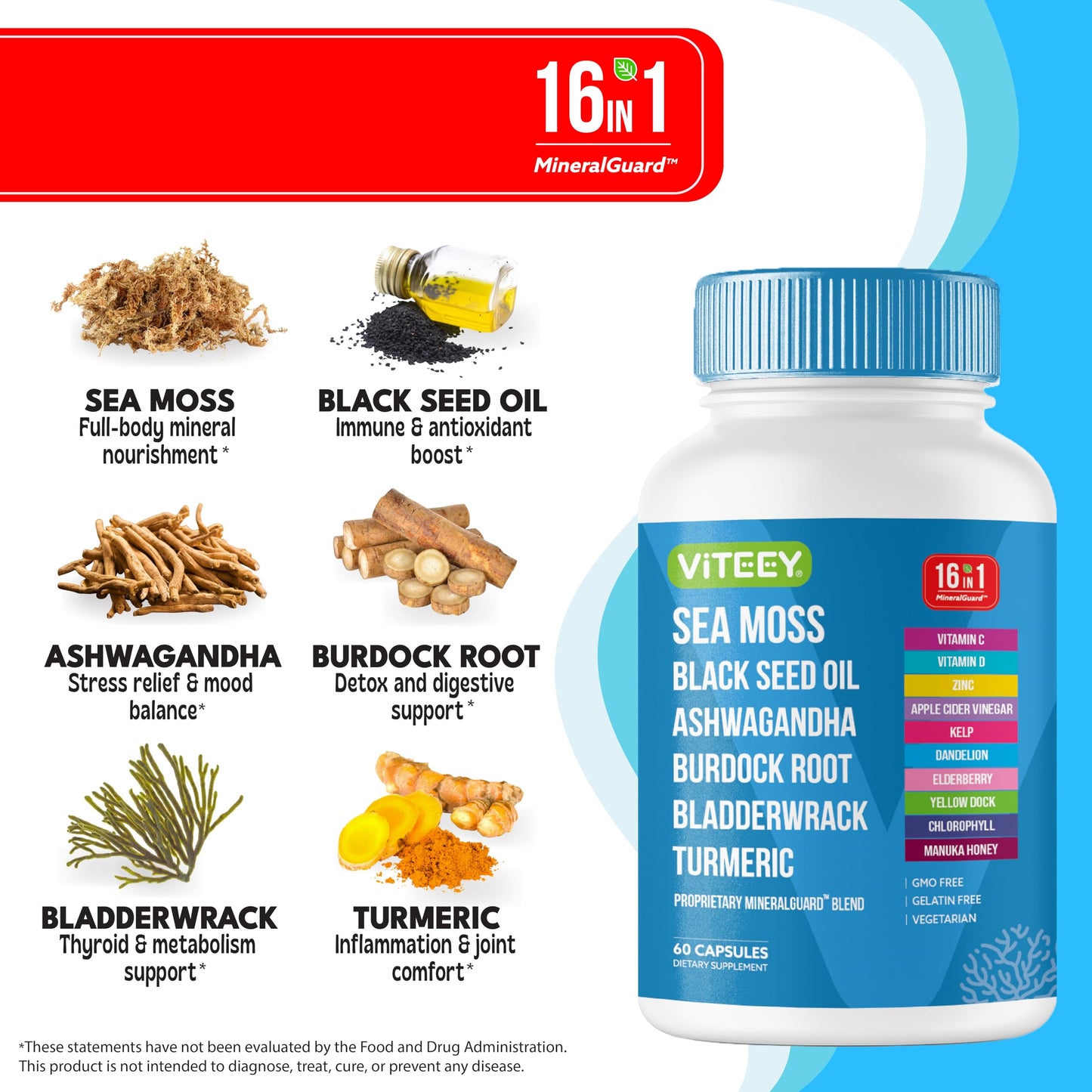 Viteey Sea Moss Capsules with Black Seed Oil – Irish Sea Moss Supplement with Bladderwrack, Burdock Root & Ashwagandha – Immune & Mineral Support - 60 Capsules