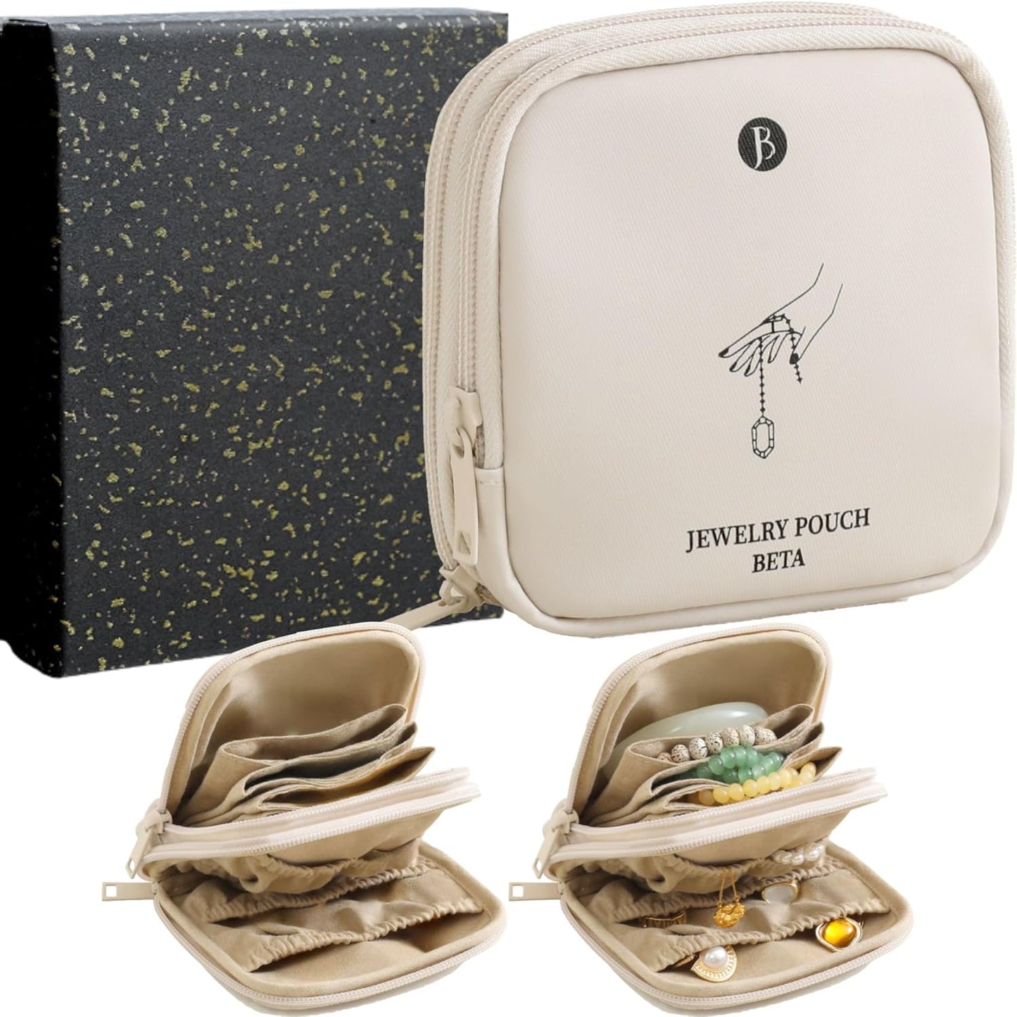 Travel Jewelry Case - Tangle-Free Waterproof Organizer for Women | Beige Double Zipper Gift Box