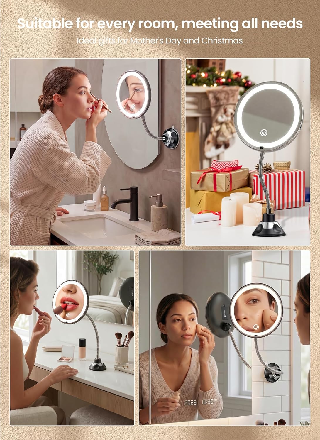 Brightown 10x Makeup Mirror - LED Lighted Magnifying Mirror with Adjustable Brightness | Black, Suction Cup Design