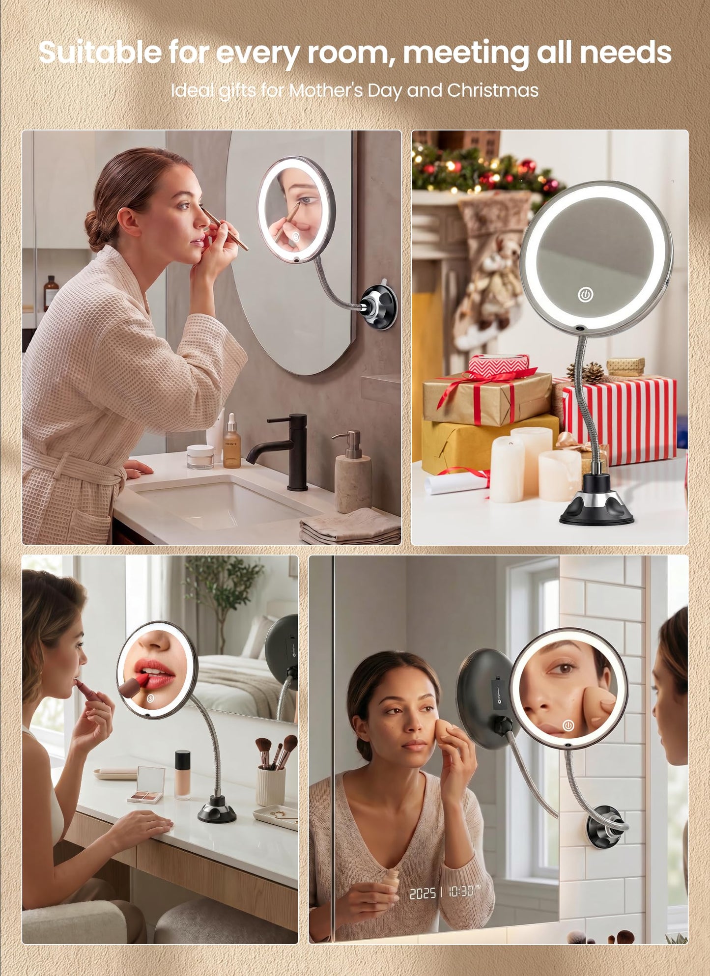 10x Makeup Mirror with Lights, Flexible Magnifying Mirror 3 Light Modes