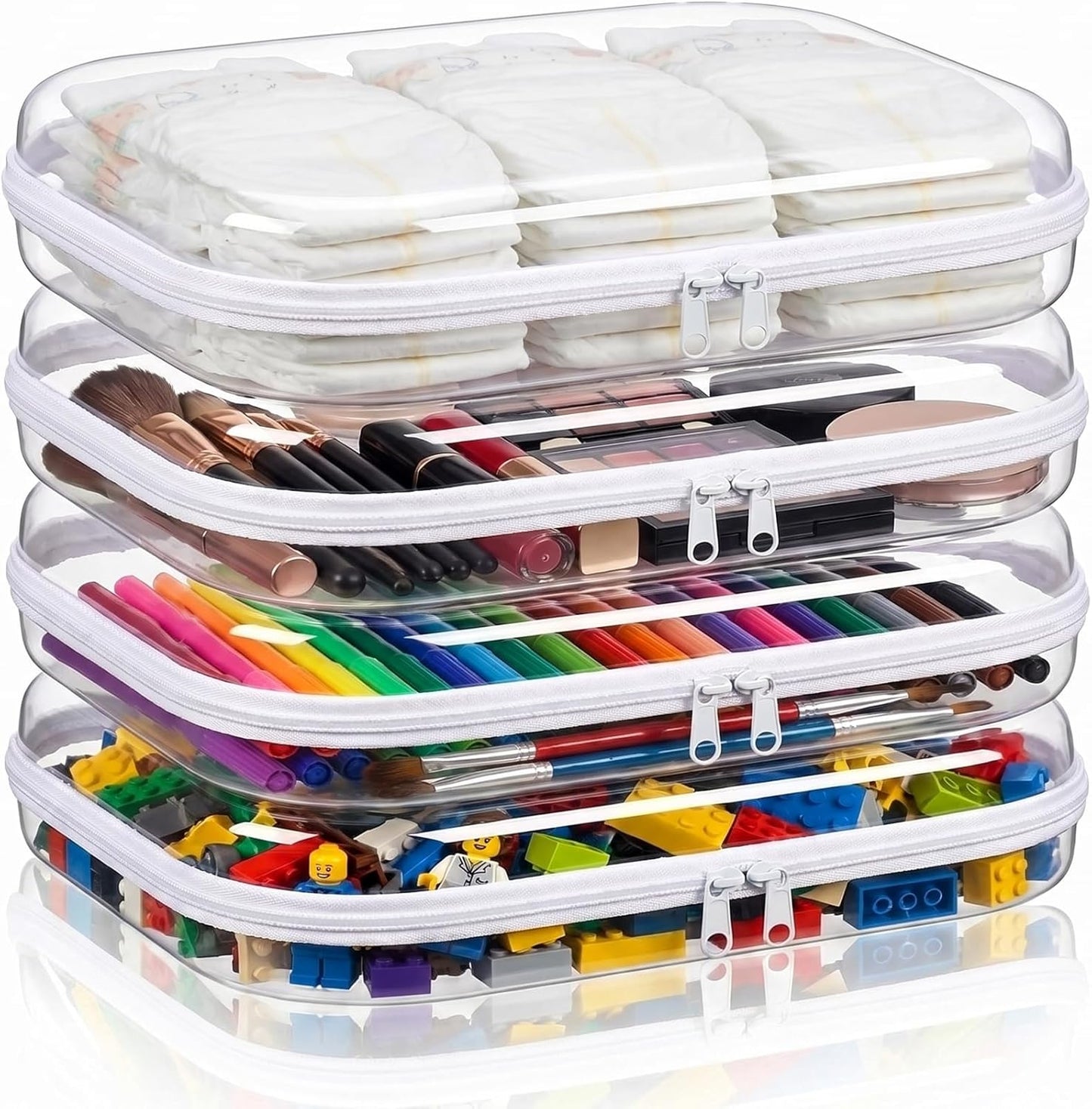 Clear Hard Shell Zipper Case - 4 Pack Diaper Bag Organizer Pouches | Waterproof Toiletry & Makeup Bags for Travel