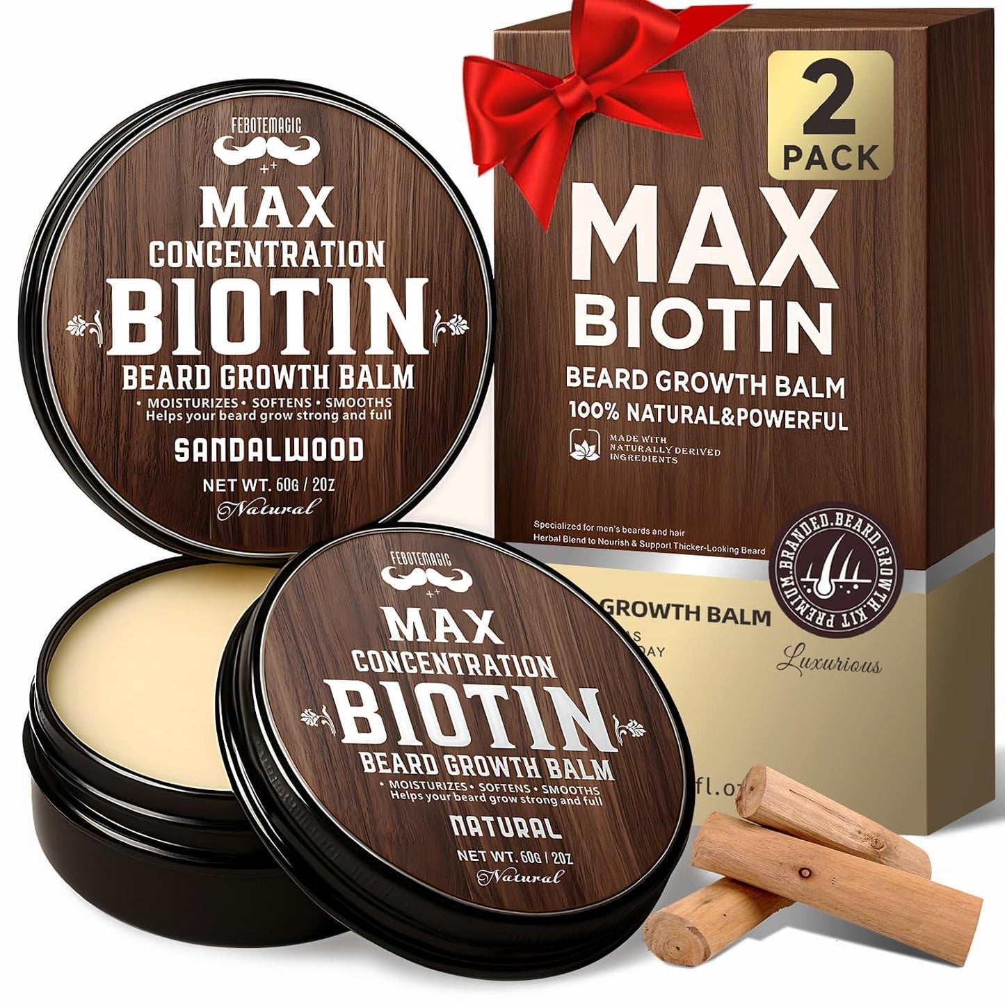 Biotin Beard Balm Set for Men - Natural Sandalwood Butters | Moisturize & Shape Beards - Perfect Grooming Gift