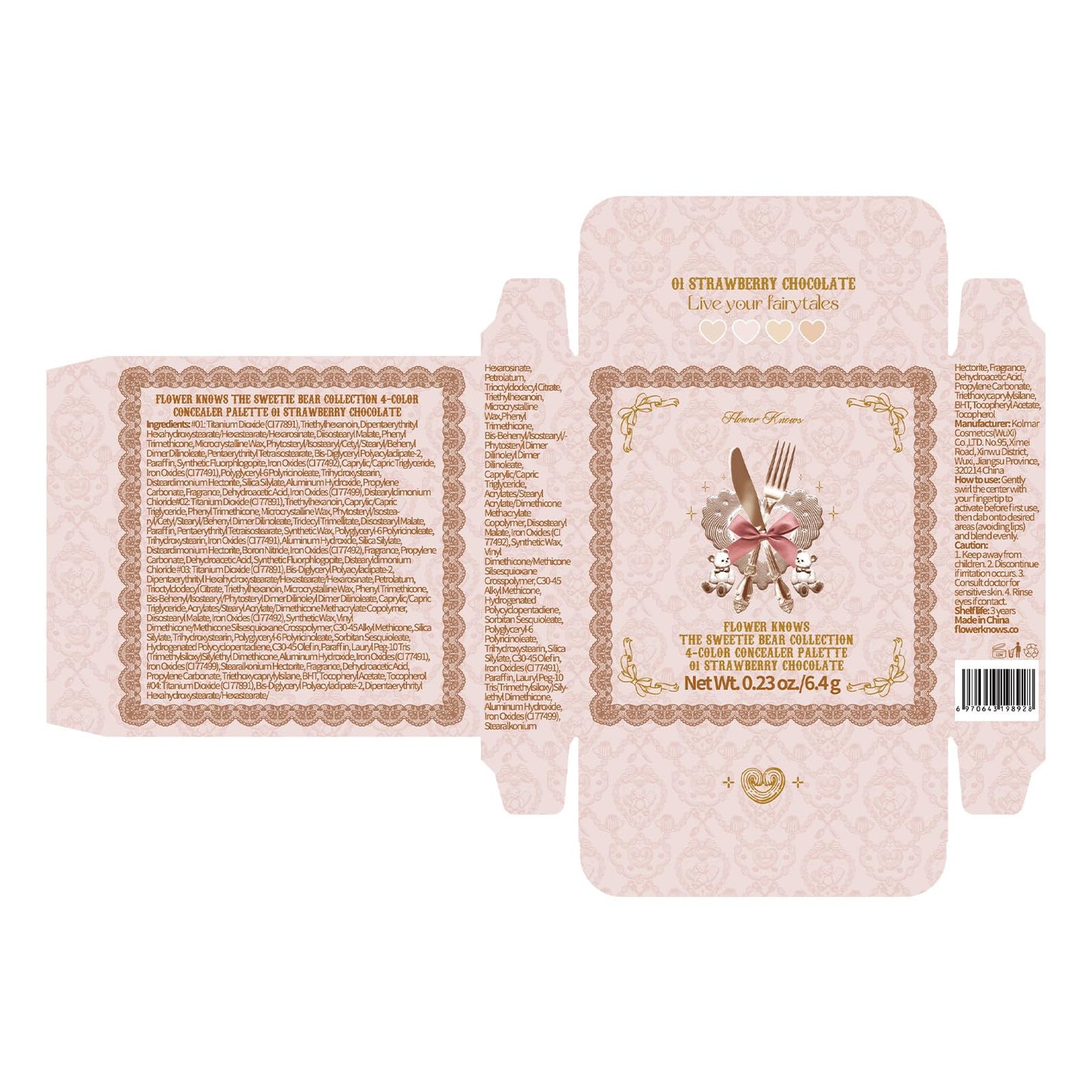 Flower Knows The Sweetie Bear 4-Color Concealer Palette,Highlihter Correct Contour Face Maekup,Blendable,High-Coverage & Crease-proof,Buildable All-Day Wear Compact,0.23 Oz(01 Strawberry Chocolate)