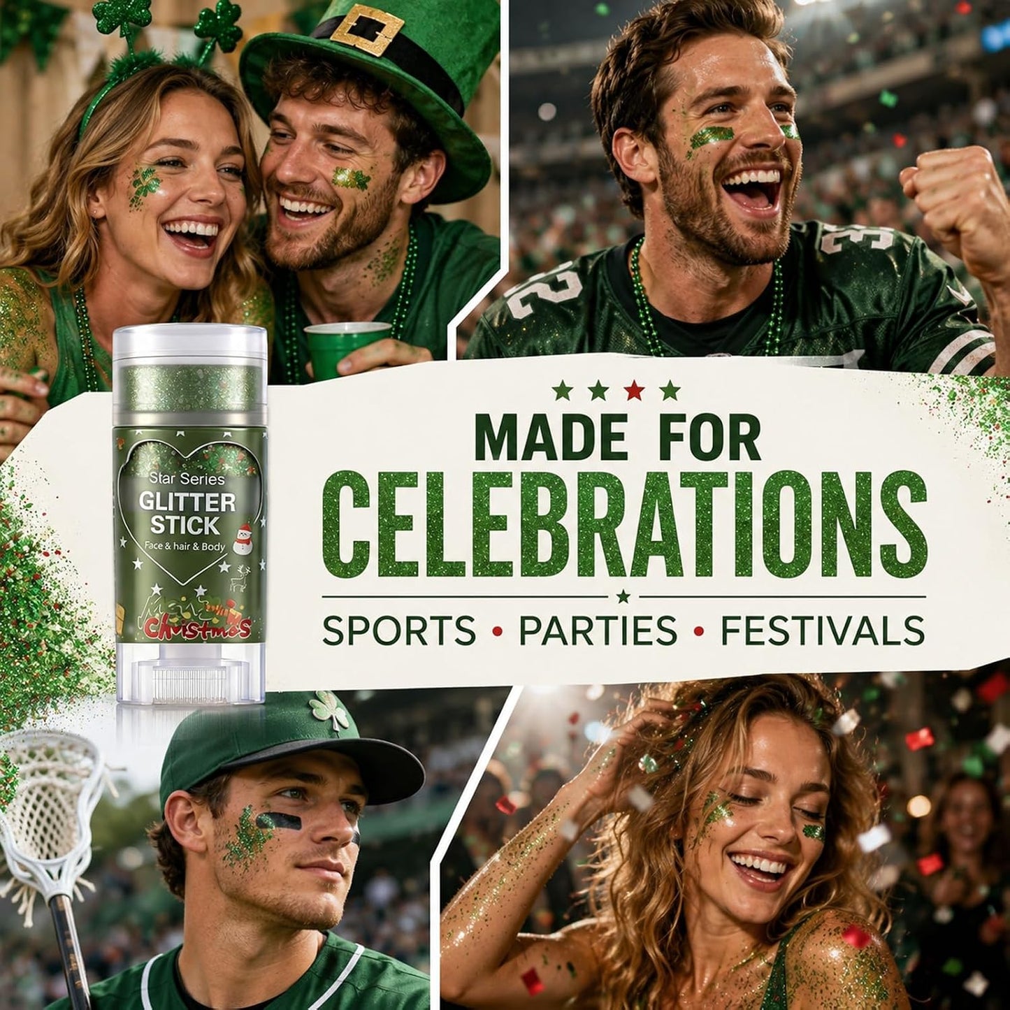 Brazil Face Glitter Stick - Green & Red Sweatproof Body Glitter for World Cup, Saint Patrick’s Day | Party Accessory