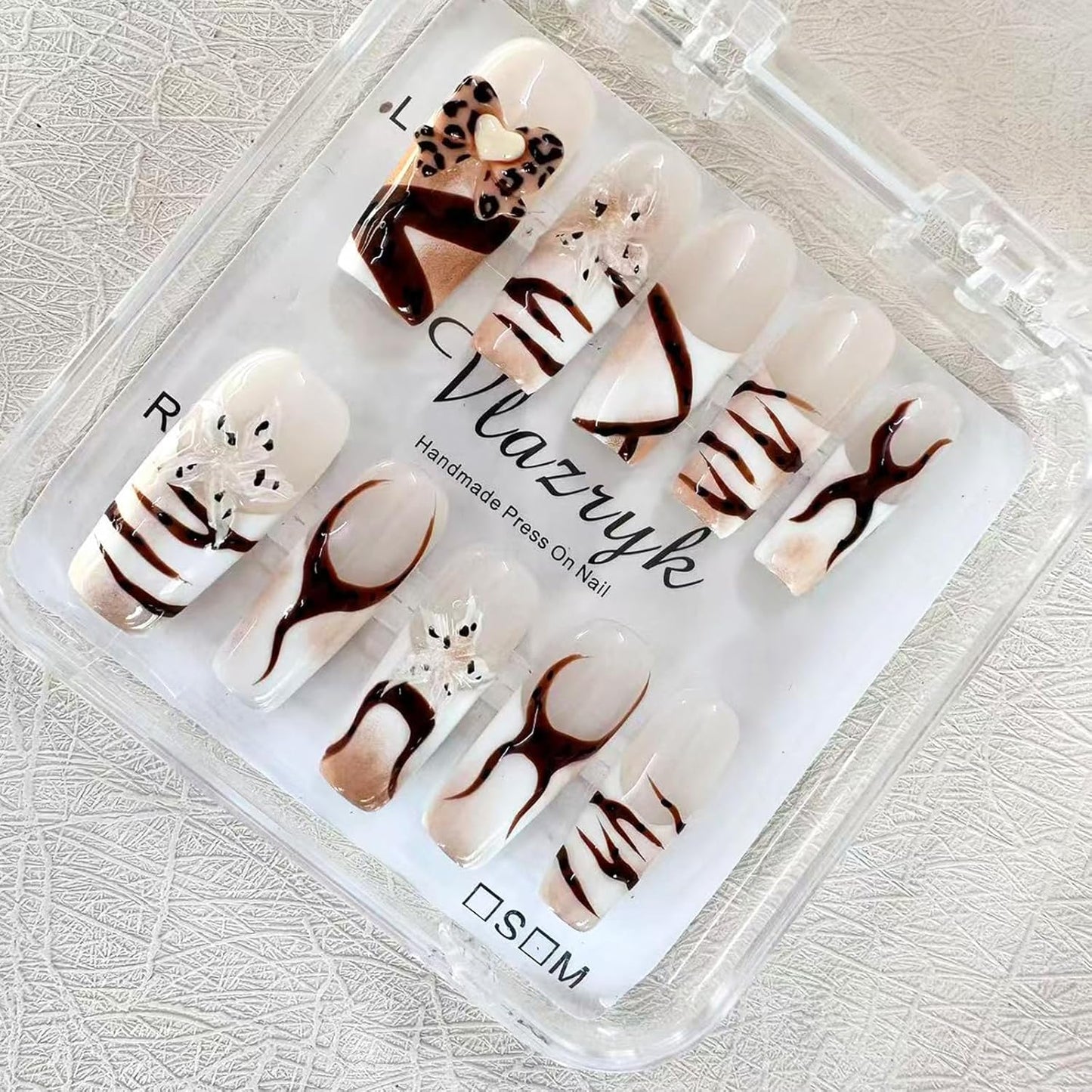 Brown French Tip Press On Nails - 3D Metallic Rhinestones | Medium Almond Reusable Acrylic False Nails (10 PCS)