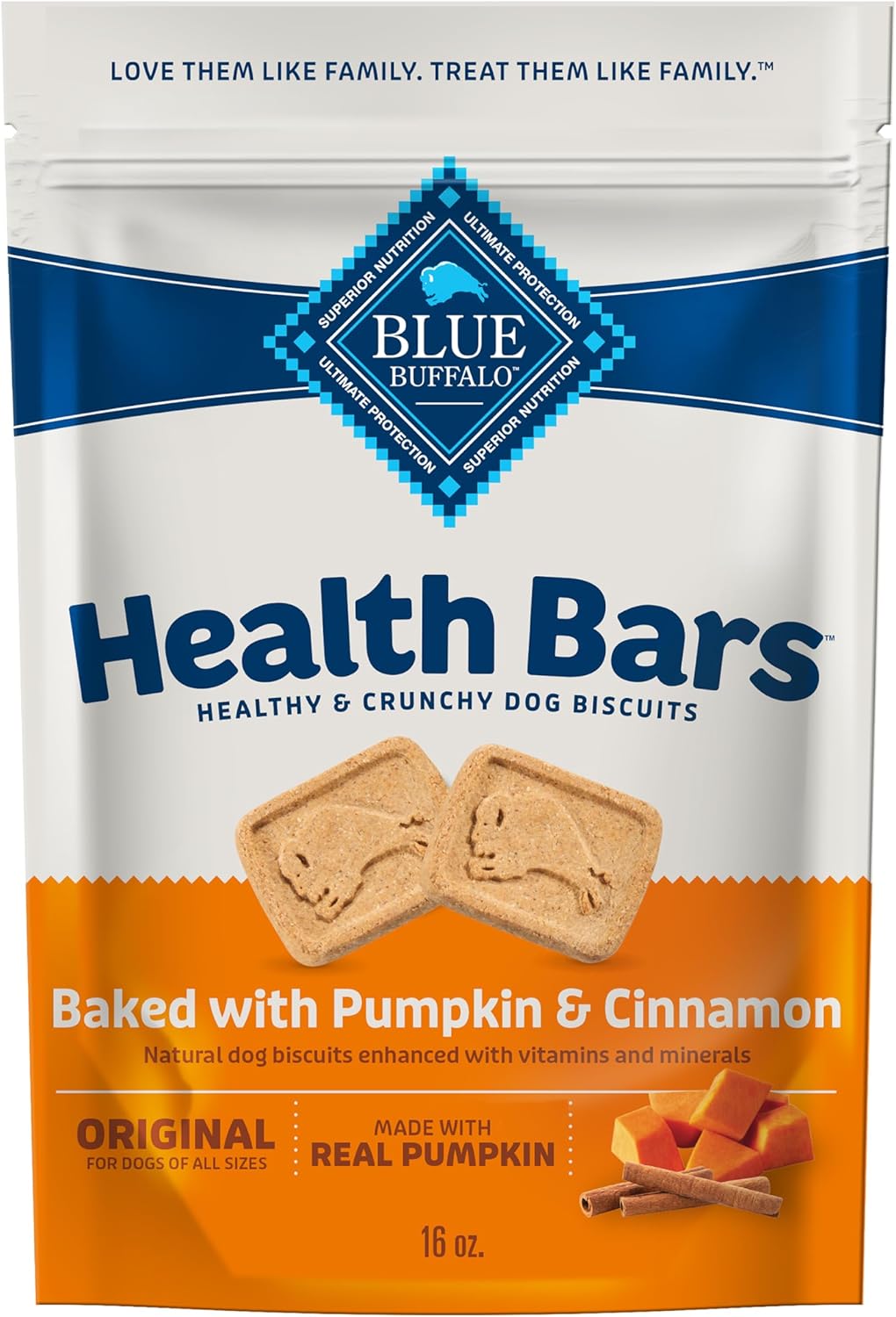 Blue Buffalo Dog Treats - Pumpkin & Cinnamon Crunchy Health Bars | Oven-Baked, Natural Ingredients, 16 oz.