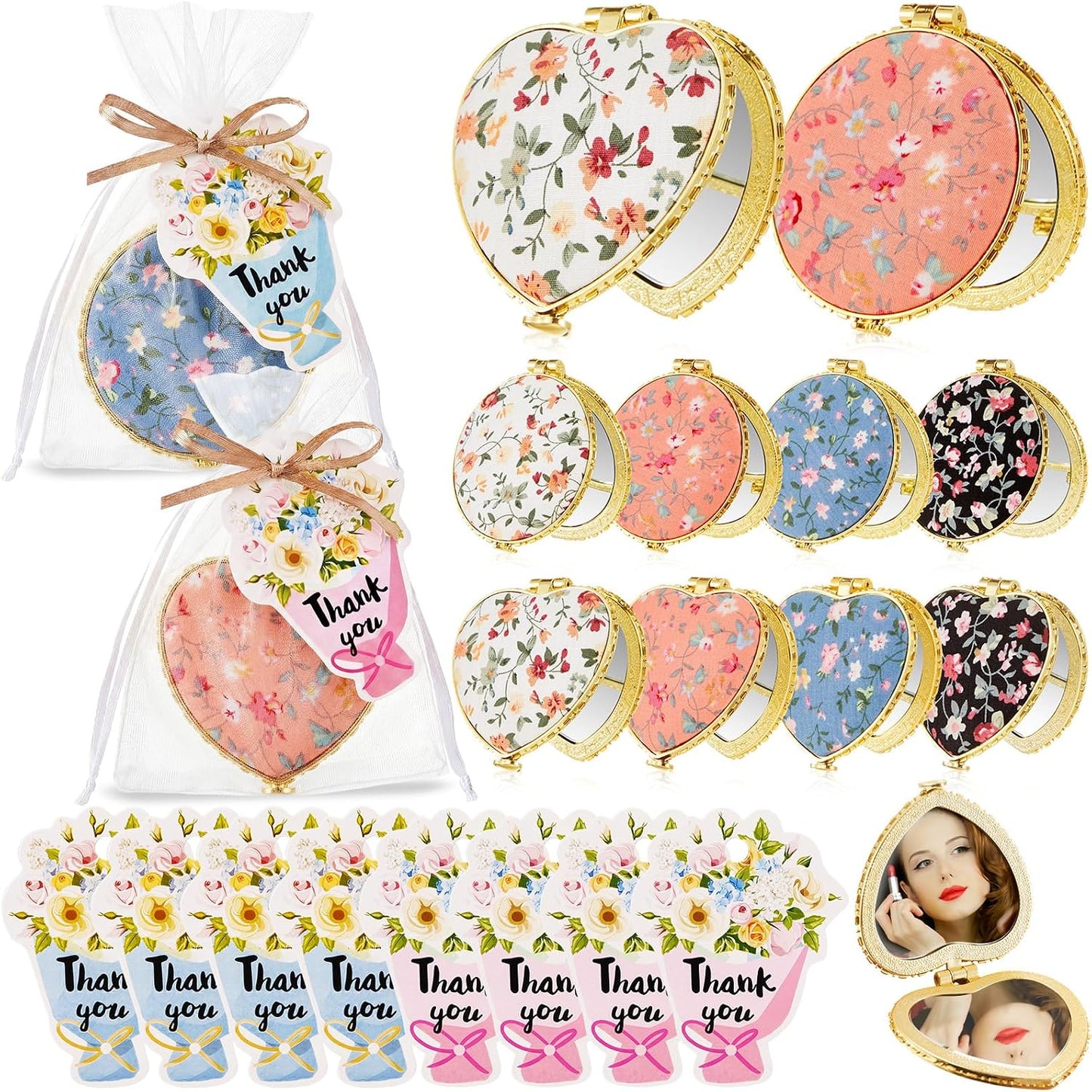 Compact Mirror Set for Women - Floral Pocket Mirrors with Organza Bags & Thank You Cards | Perfect for Diwali, Weddings & Parties