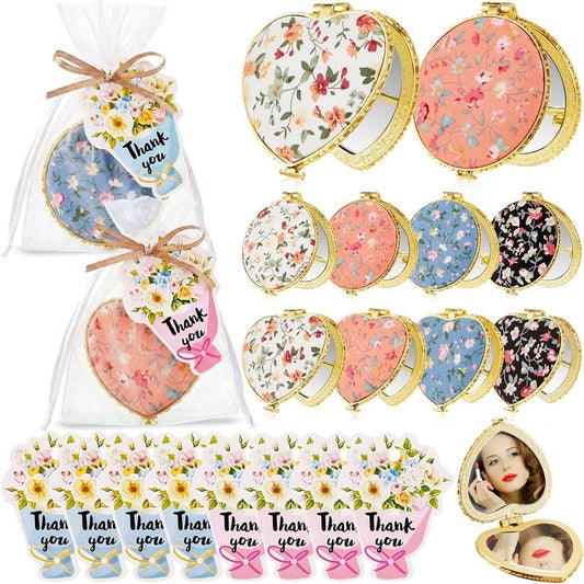 Compact Mirror Set for Women - Floral Pocket Mirrors with Organza Bags & Thank You Cards | Perfect for Diwali, Weddings & Parties
