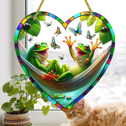 Heart-Shaped Colorful Acrylic Suncatcher with Frogs and Butterflies, 7.08 * 7.08 Inch Colorful Stained Window Sun Catcher for Home Wall Decor, Gift for Frog Lovers