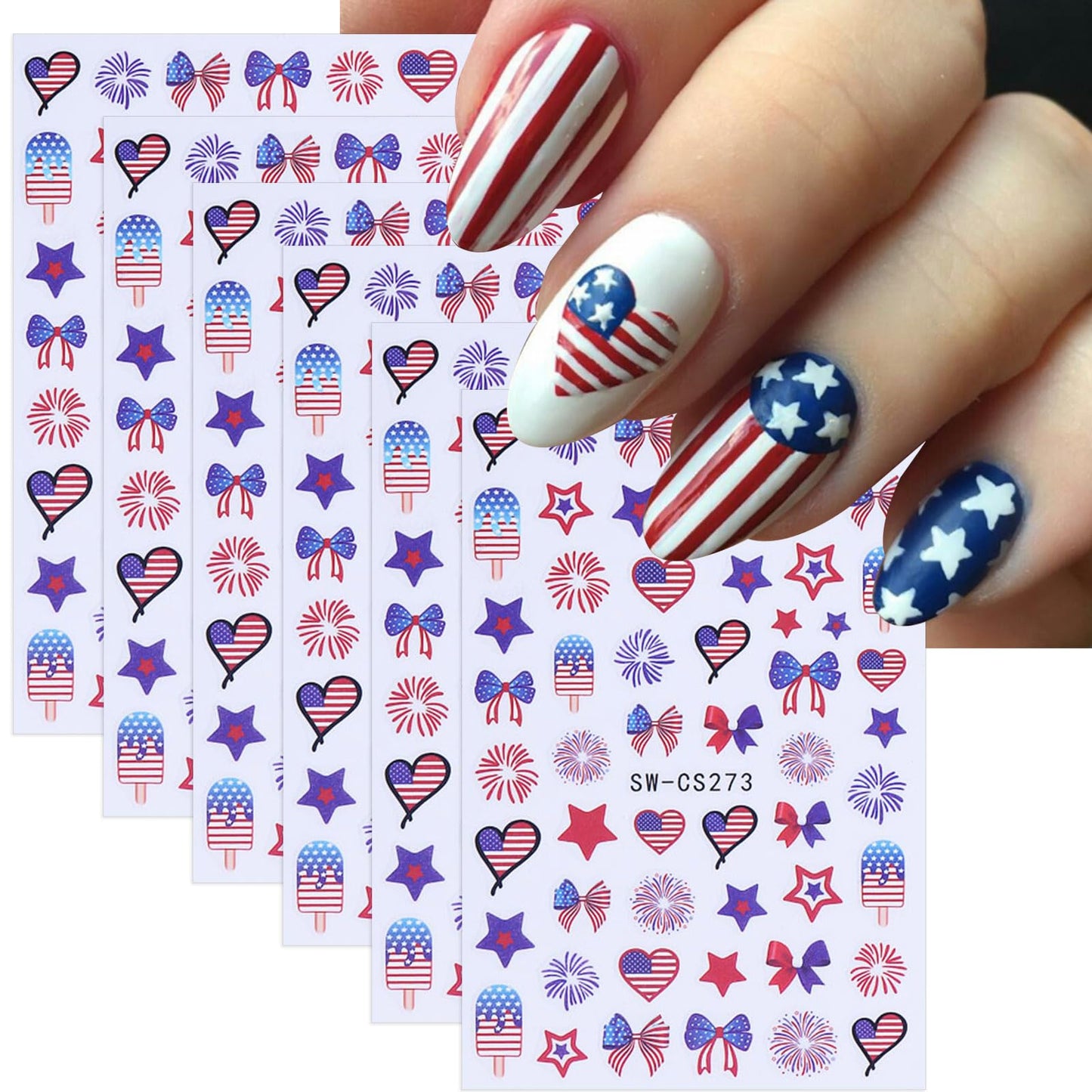 Fourth of July Nail Stickers Red White Blue Nail Decals for Nail Art 6PCS 3D Self Adhesive Independence Day Nails Designs Stickers Fireworks Bow Star Nail Slider Manicure Patriotic Nail Art for Women