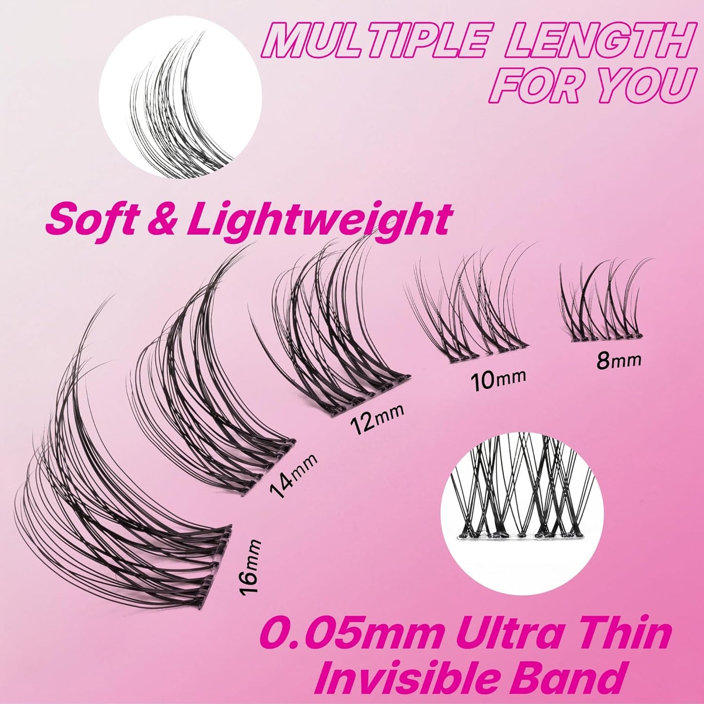 Lash Clusters Individual Eyelash Extensions - Thin Invisible Band | DIY False Eyelashes 8-16mm Mixed Length