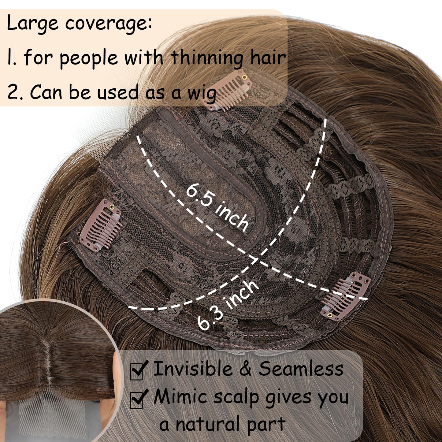 16 Inch Hair Topper for Women with Thinning Hair, Synthetic Curly Wavy Clip-In Topper with Curtain Bangs Natural Looking Crown Coverage Lightweight Hair Piece for Volume(Chestnu Brown)