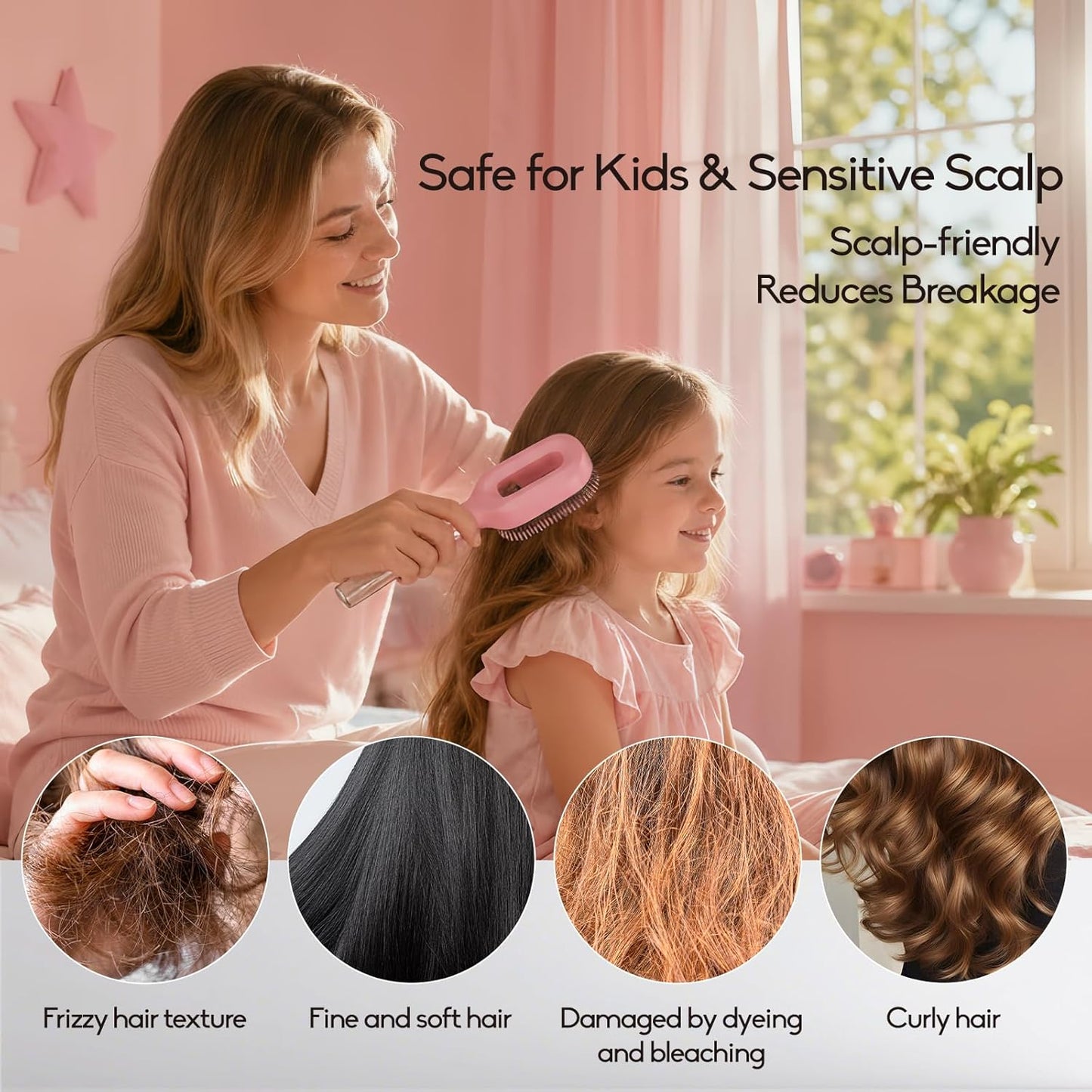 Continuous Mist Spray Hair Brush - 2-in-1 Detangling Tool for Frizz Control | Pink for Wet & Dry Styling