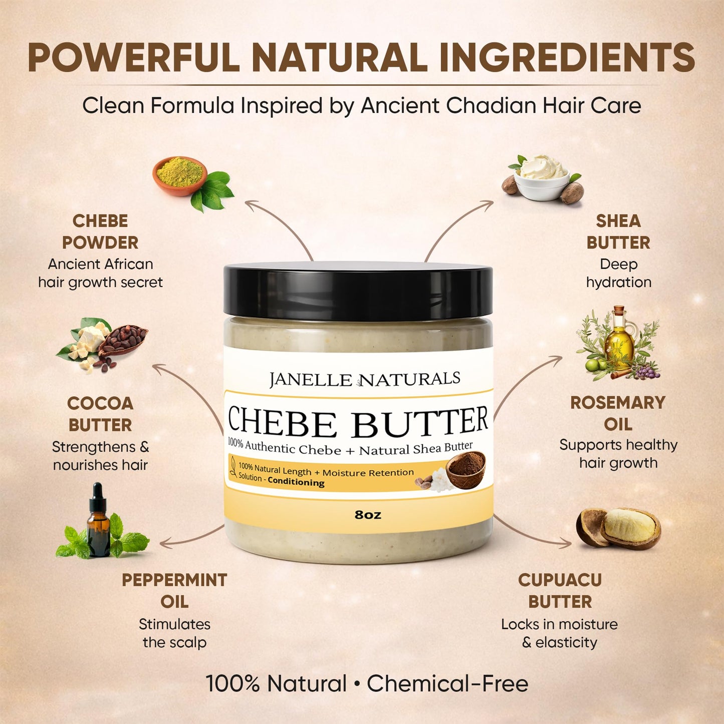 Janelle Naturals Chebe Butter From 100% Authentic Chebe + Natural Shea Butter. 100% Natural Hair Length + Moisture Retention Solution. Conditions Each Strand. (8 oz)