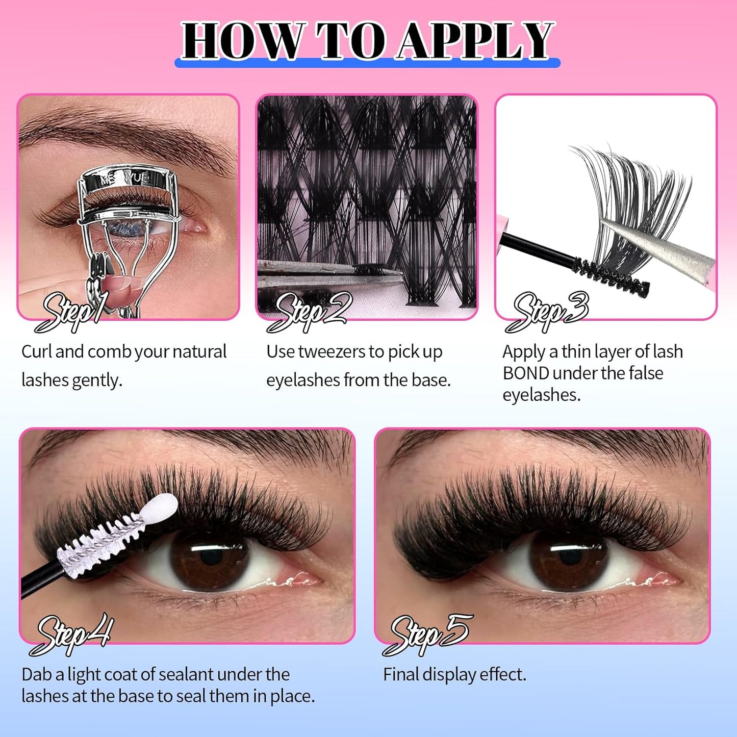 Lash Extension Kit - 50D 60D 80D 100D Individual Lash Clusters with Bond, Seal & Tweezers | 800 Pcs Set