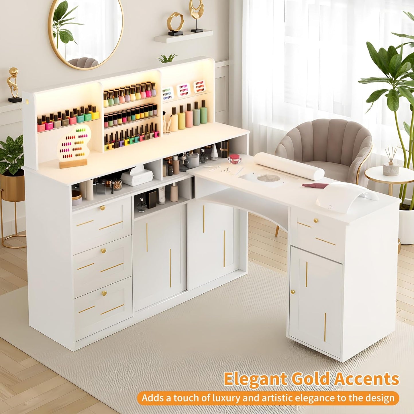 L-Shaped Manicure Table with Dust Collector - LED Light & Storage Cabinets | Home Spa Nail Desk in White