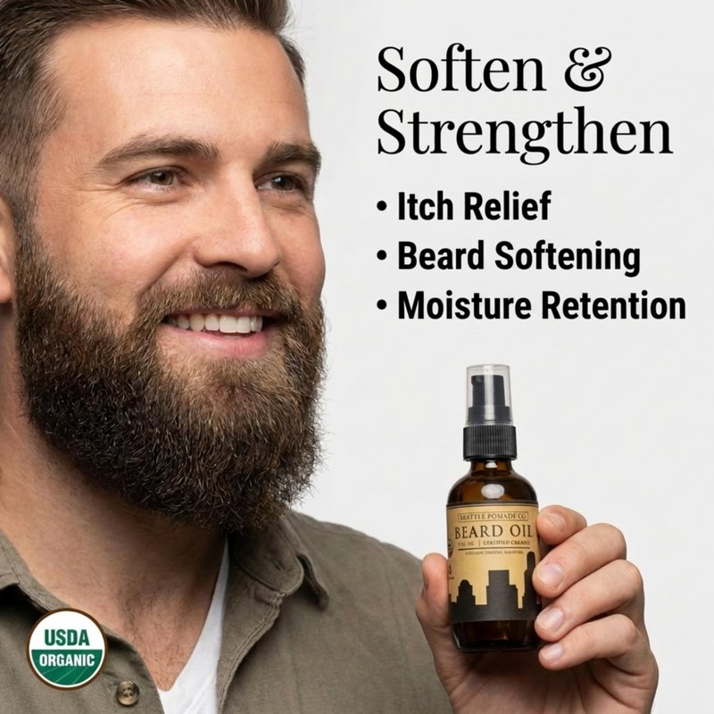 Seattle Pomade Co. Certified Organic Beard Oil for Men, Promotes Growth for Soft and Itch Free Facial Hair, Argan and Castor Oil. Globally sourced certified organic materials.