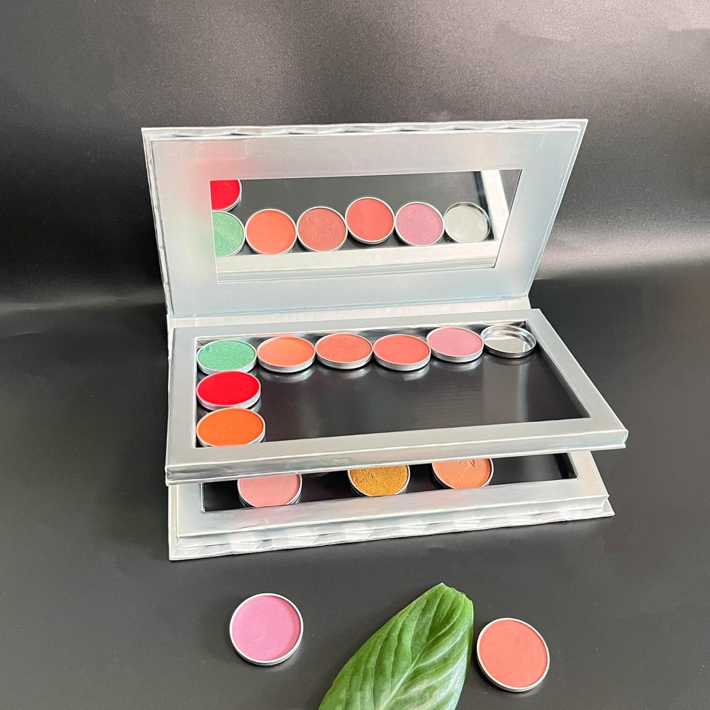 Magnetic Eyeshadow Palette - 2-Layer Silver & Gold Foil Design | Portable Makeup Storage Case with Mirror & 20 Adhesive Stickers, 7.48 x 4.33 Inch