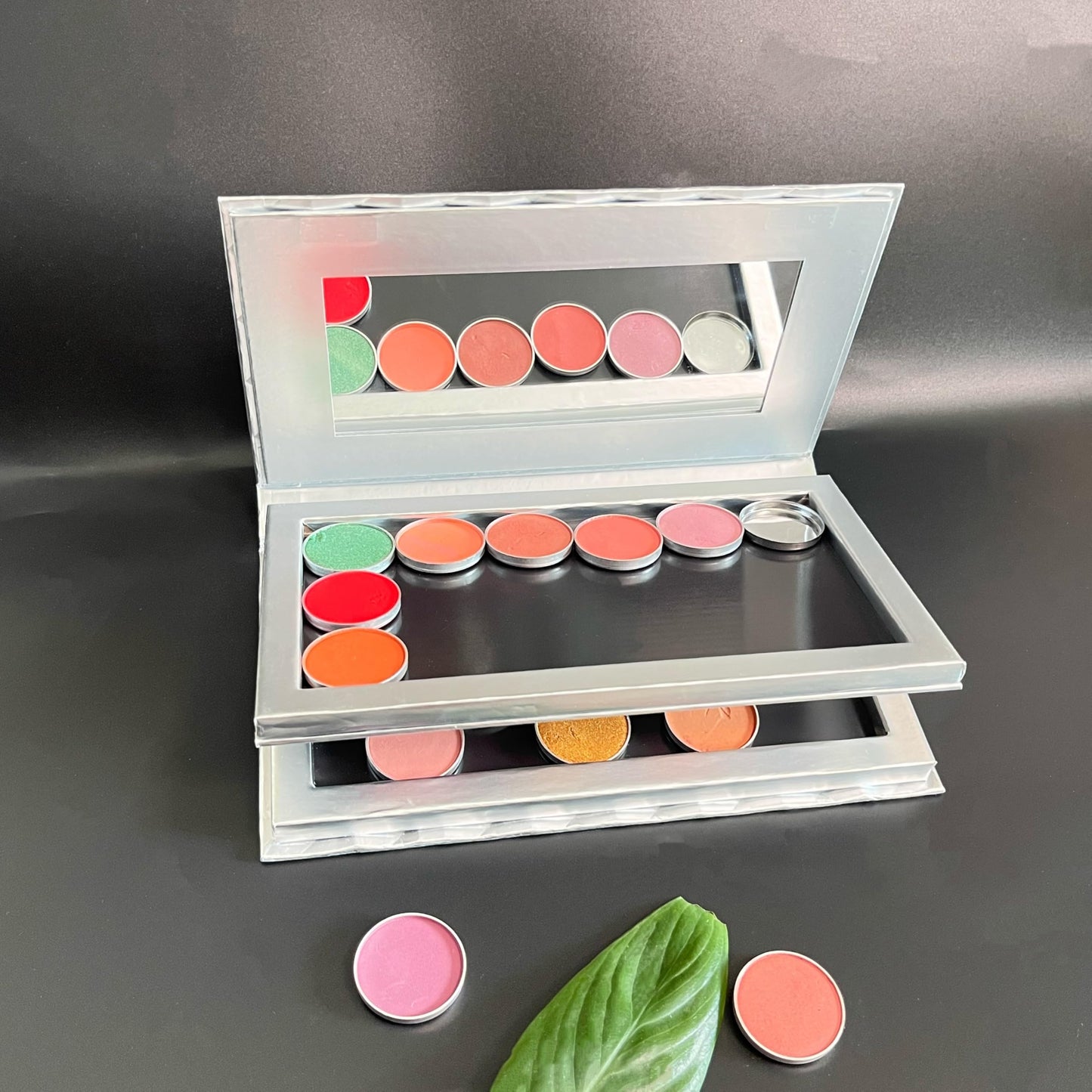 2-Layer Silver Embossed Gold Foil Empty Magnetic Eyeshadow Palette with Mirror and 20pcs Adhesive Stickers, Portable Makeup Storage Case for Standard and Baked Powder Cosmetics, 7.48 x 4.33 Inch