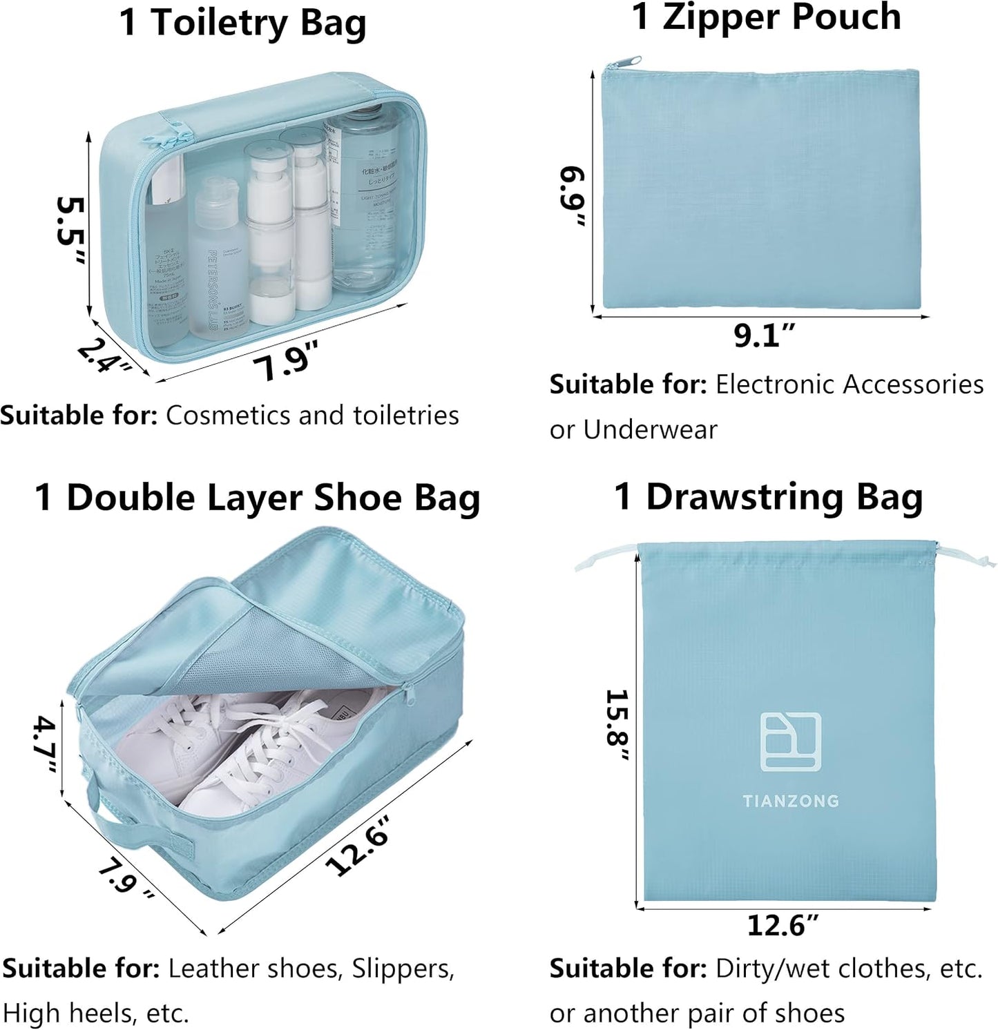 7-Piece Packing Cubes Set - Travel Organizers with Shoe & Toiletry Bag | Sky Blue