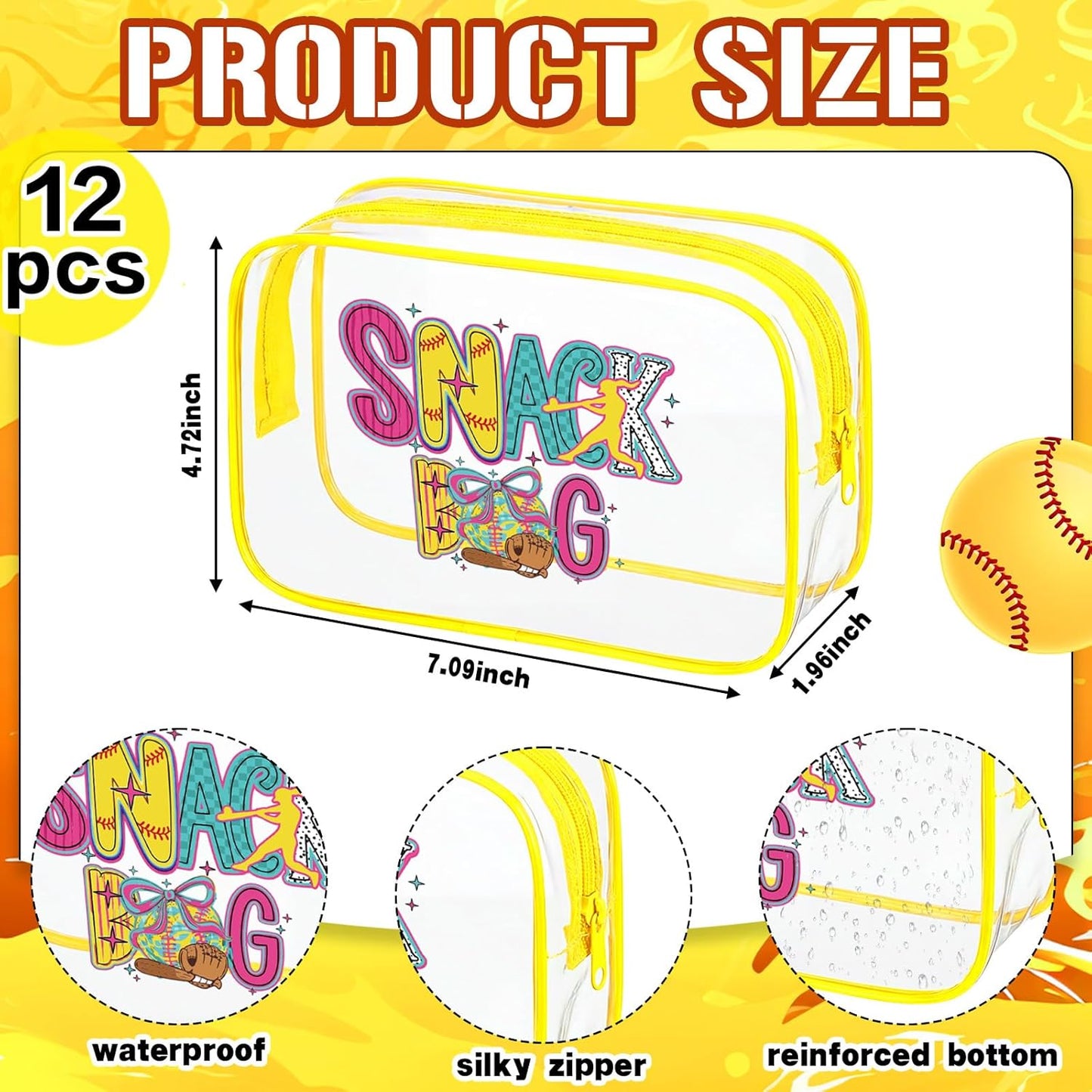 Softball Party Favors - 12 Pack Vivid Snack Bags for Girls | Clear PVC Cosmetic Case, 7.09 x 4.72 x 2.36''