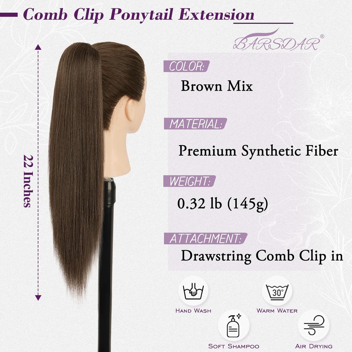 Brown Straight Drawstring Ponytail Extension - 22 Inch Natural-Looking Soft Synthetic Hairpiece | Fluffy Cheer Ponytail