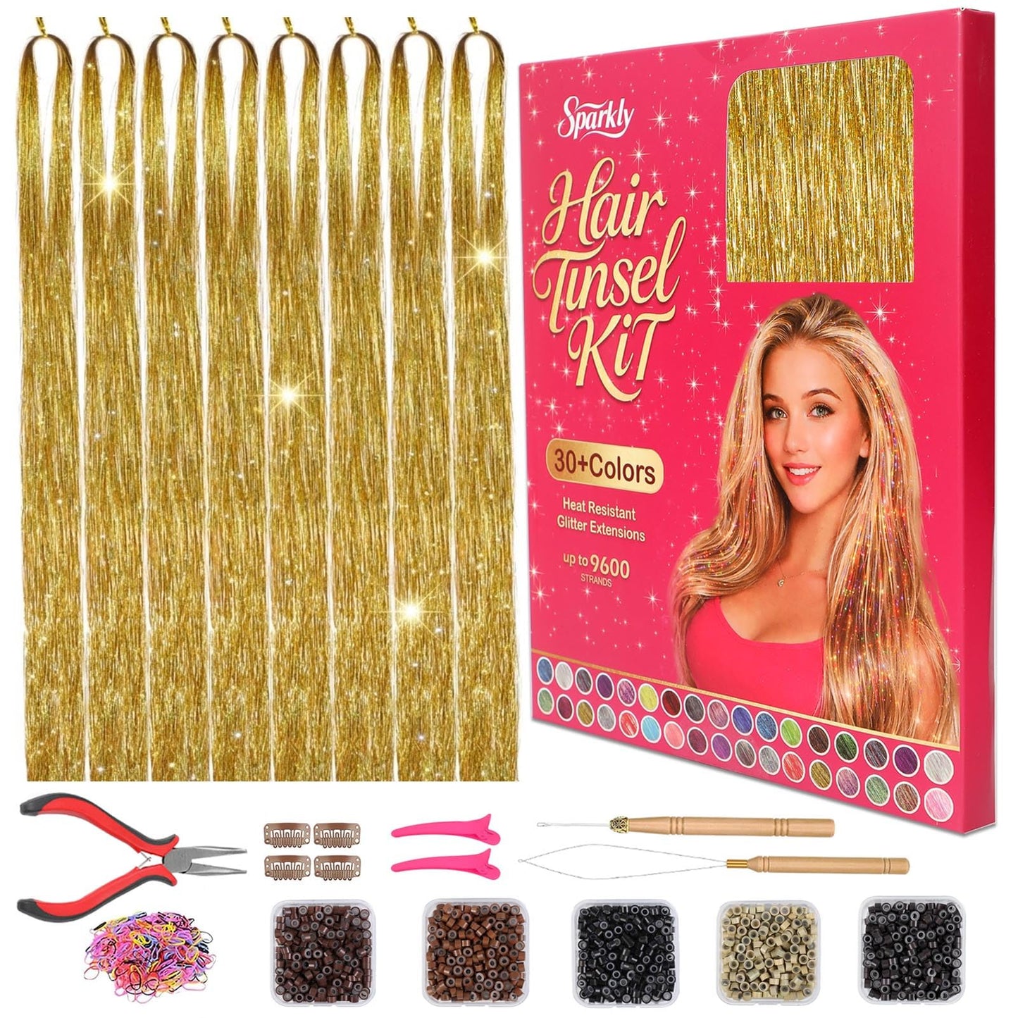 Hair Tinsel Kit with Tools, 3200+ Strands Gold Holographic Fairy Hair, 48" Heat Resistant Glitter Hair Extensions, Easy DIY Kit for Girls, Christmas Party & Festival Gift