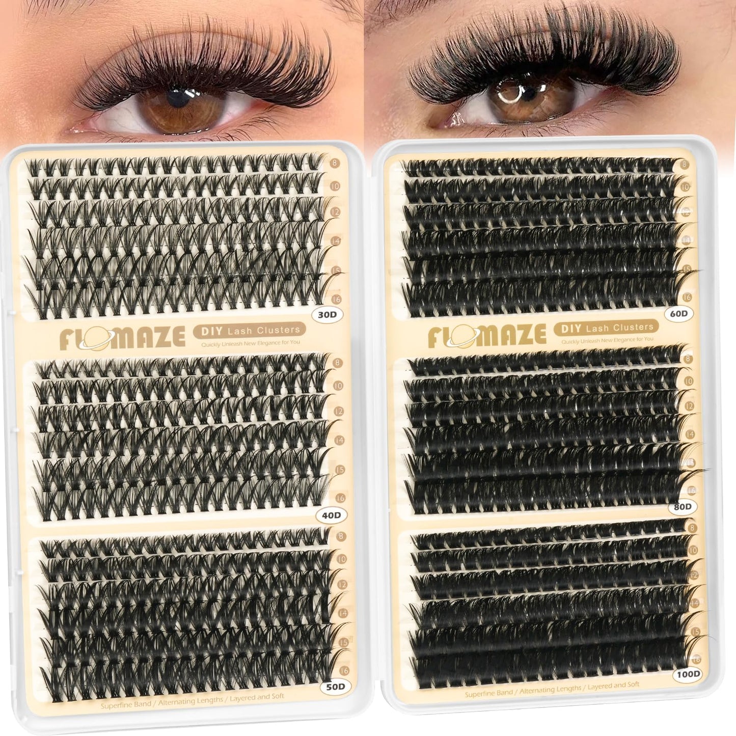FLOMAZE Lash Clusters 30D+40D+50D+60D+80D+100D Wispy Lash Extensions 8-16mm 708Pcs D Curl Eyelash Cluster DIY Natural Eyelash Extensions
