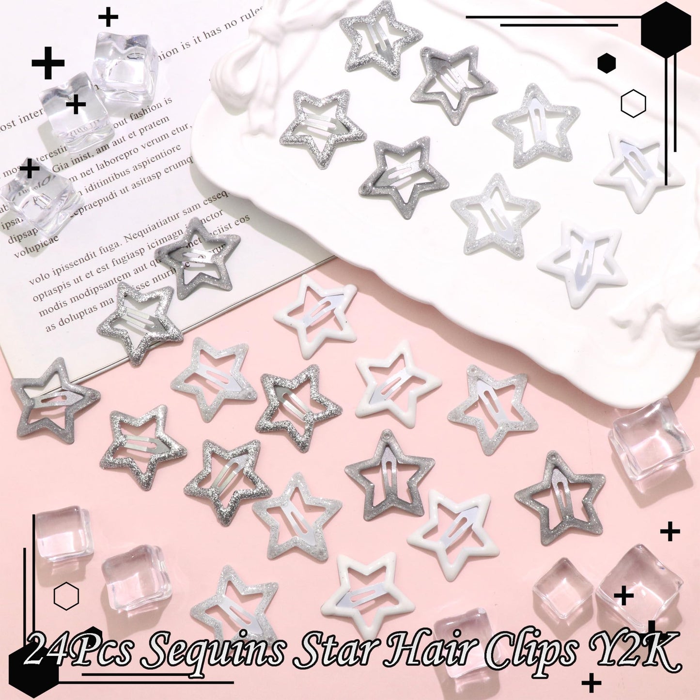 NAISKA 24Pcs Silver Star Sequins Hair Barrettes for Women Y2k Non Slip Hair Clips Star Clips for Hair Cute Small Metal Snap Hair Barrettes for Girls Thick Thin Hair